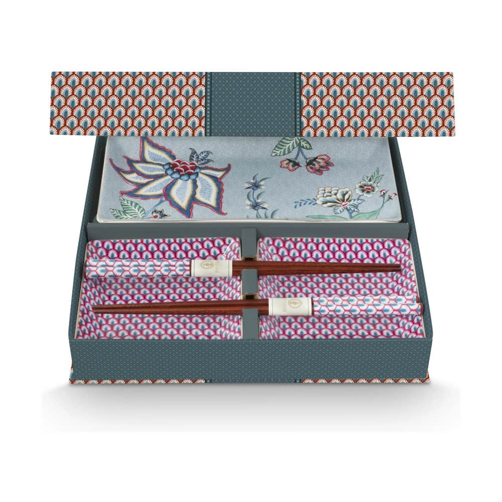 Square Oriental Flower Festival Sushisæt - 5 dele, blue flowers, large