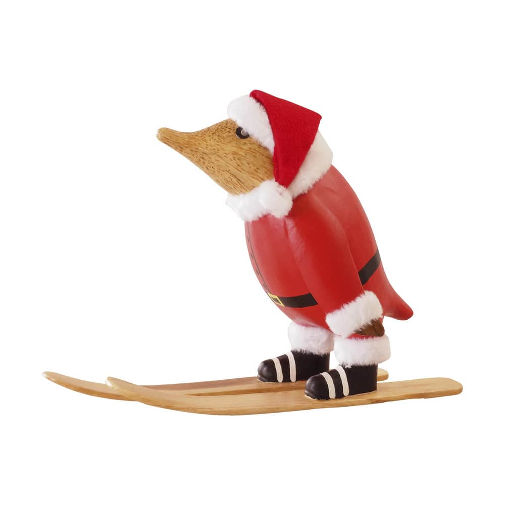 Edo - Duck Figur Jule-pingvin på ski Bambus Træ - Rød | Imerco