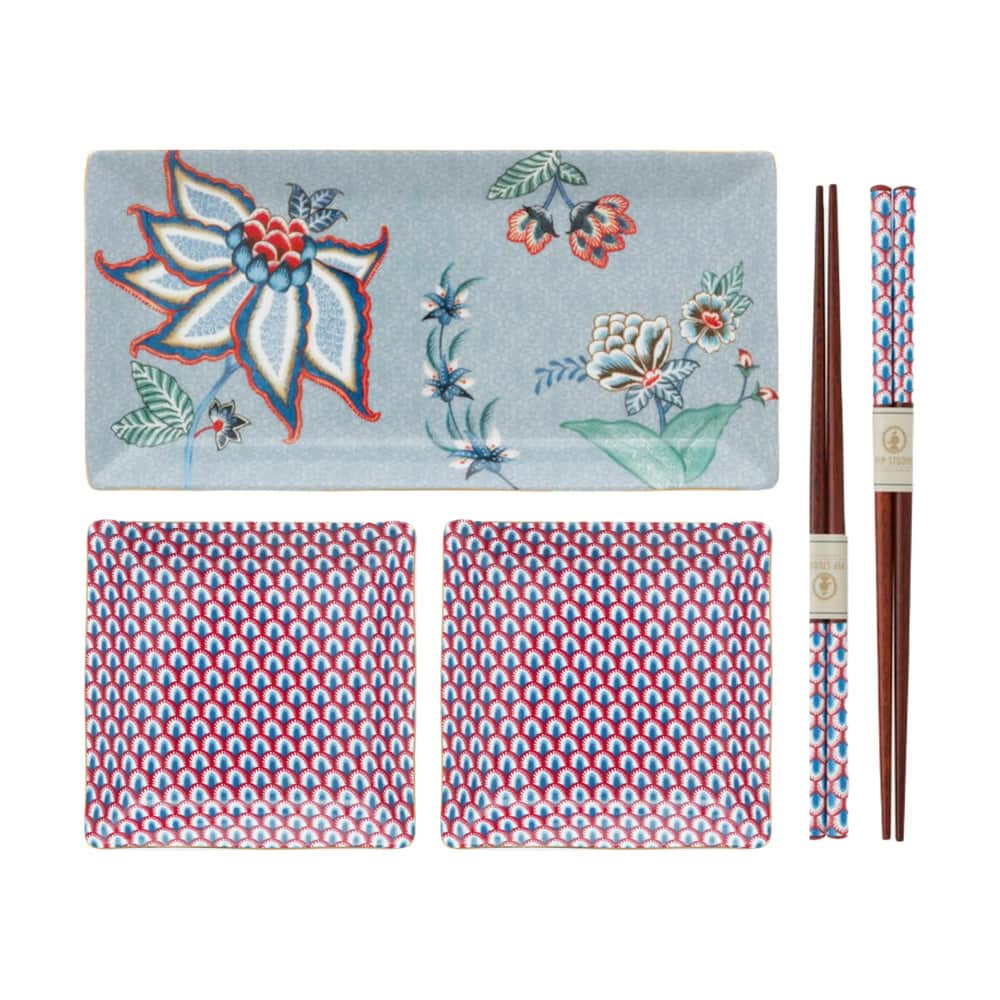 Square Oriental Flower Festival Sushisæt - 5 dele, blue flowers, large