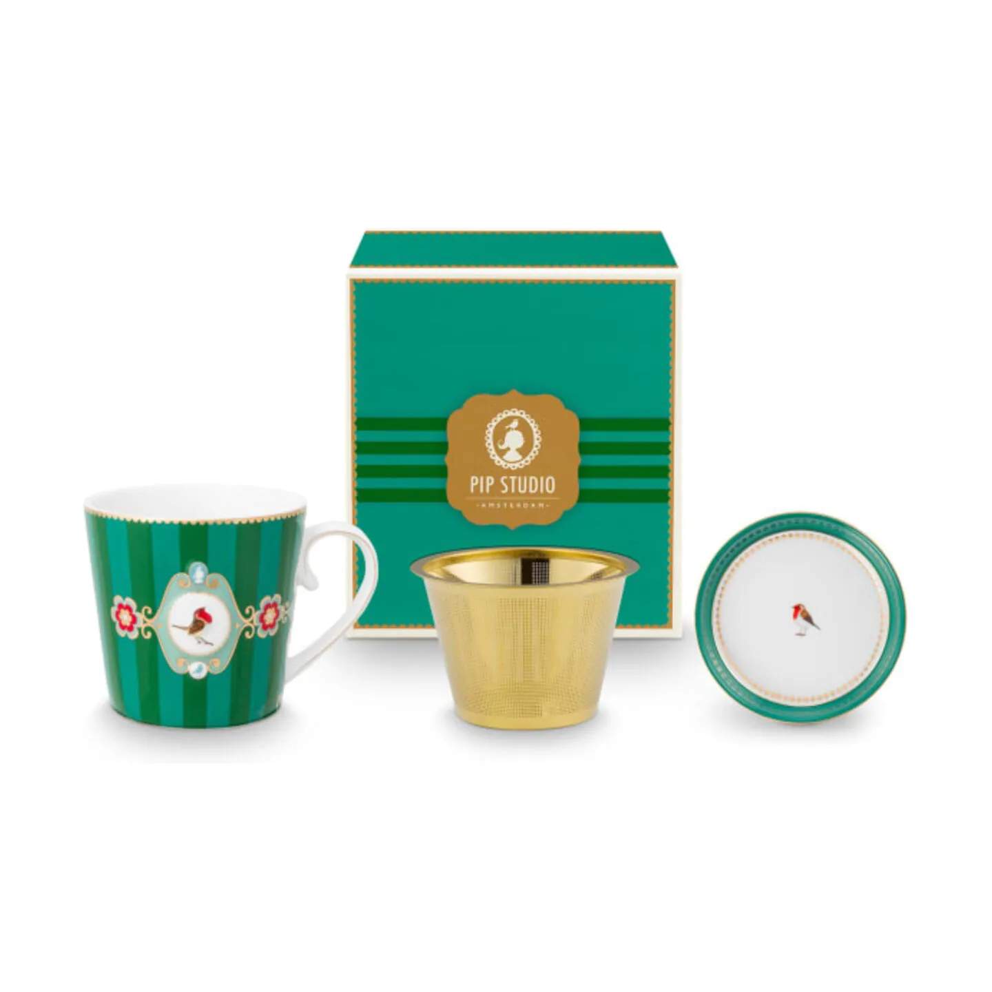 PIP Studio Krus og kopper med hank Love Birds Tekop sæt - 3 dele i Green/striber, 1