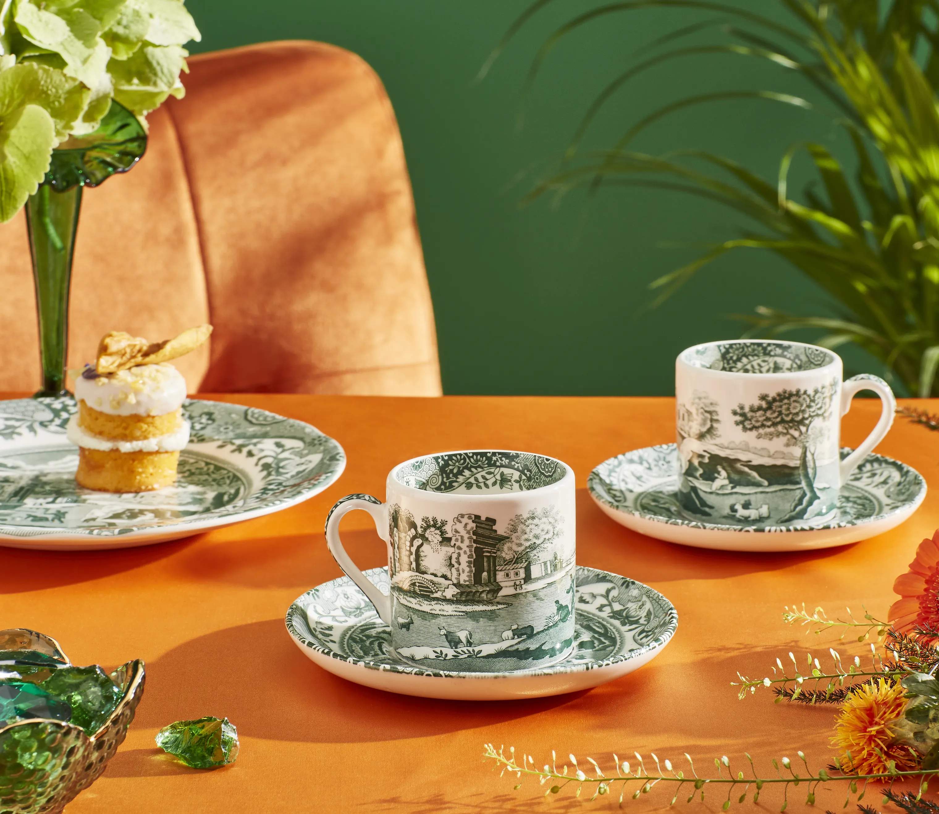 Spode Krus og kopper med hank Heritage Green Italian Espressokop m. underkop - 4 stk. i Grøn/hvid, 2
