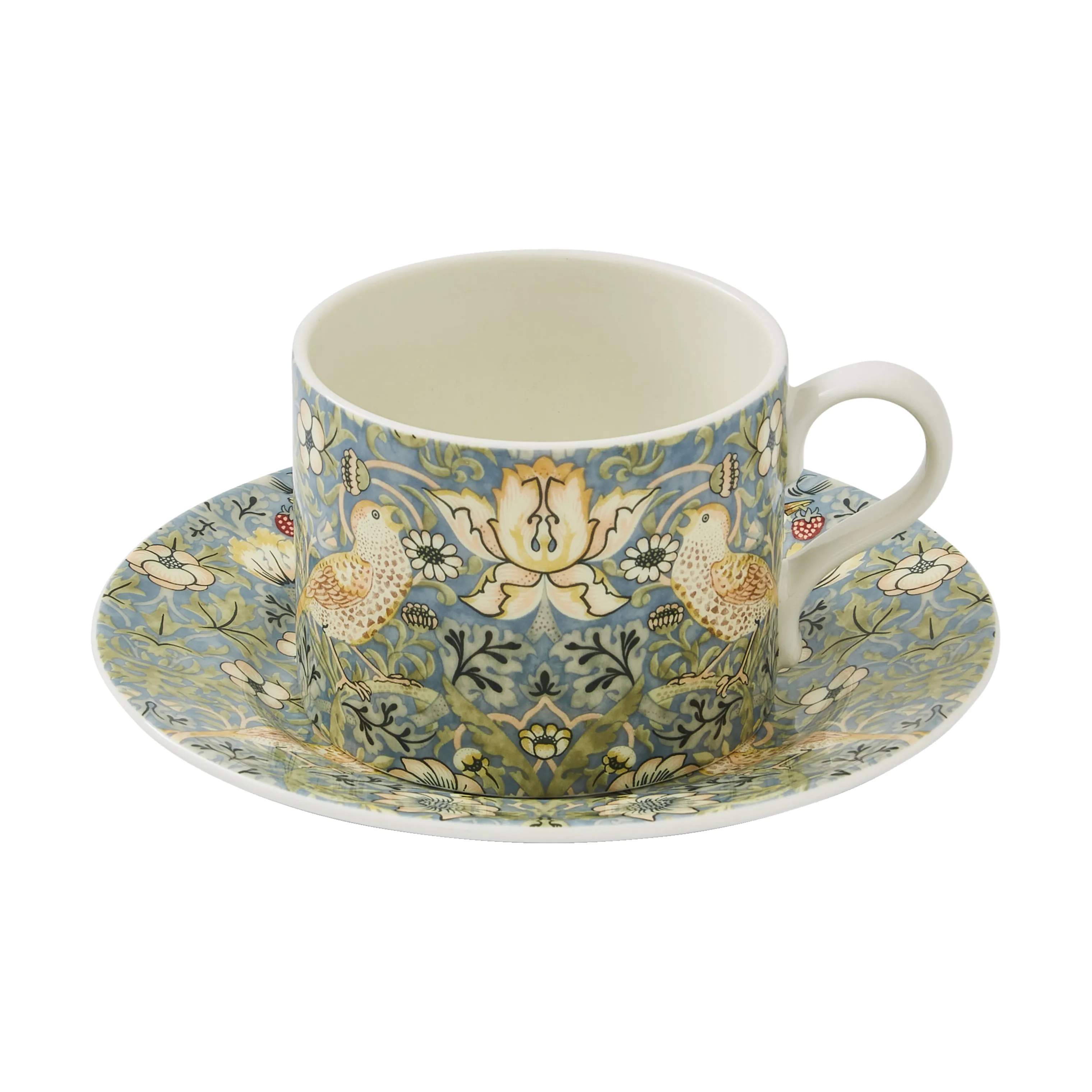 Spode Krus og kopper med hank Morris & Co Tekop m. underkop i Blå/Grøn/gul, 1