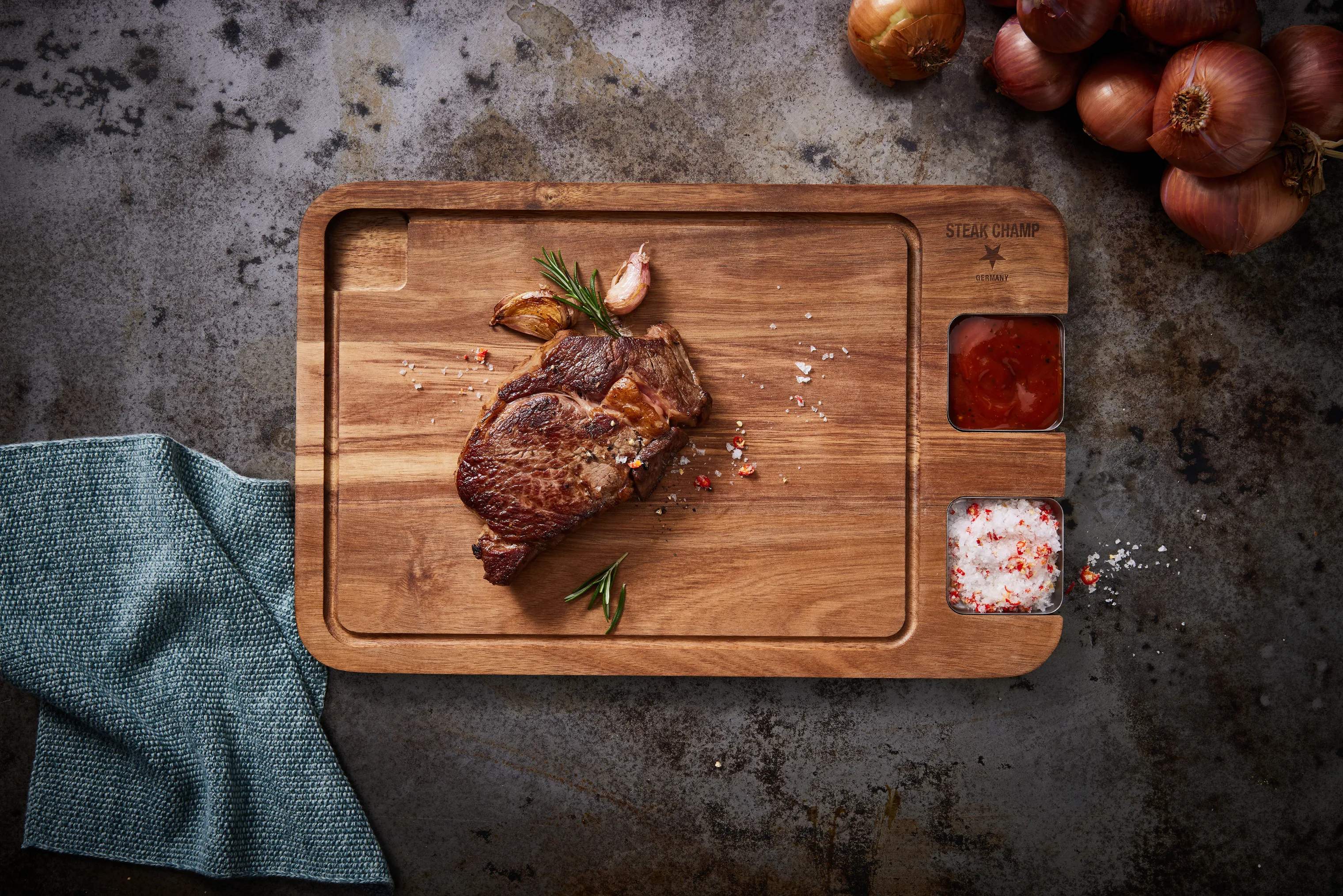 Steak Champ Serveringsfade Spisebræt m. skåle i Træ, 3
