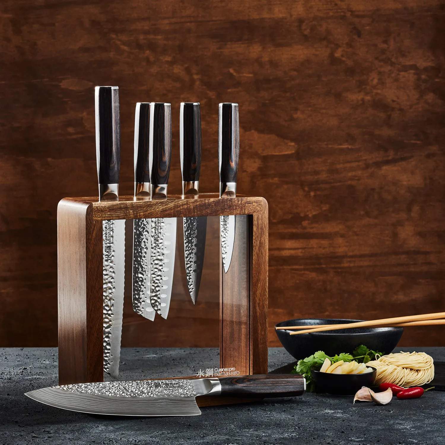 THE CUSTOM CHEF™ Knivblokke med knive Cuisine::pro® Damashiro® EMPEROR Cuisine::pro Damashiro EMPEROR Mokuzai Knivblok - 7 dele i Brun/klar, 2