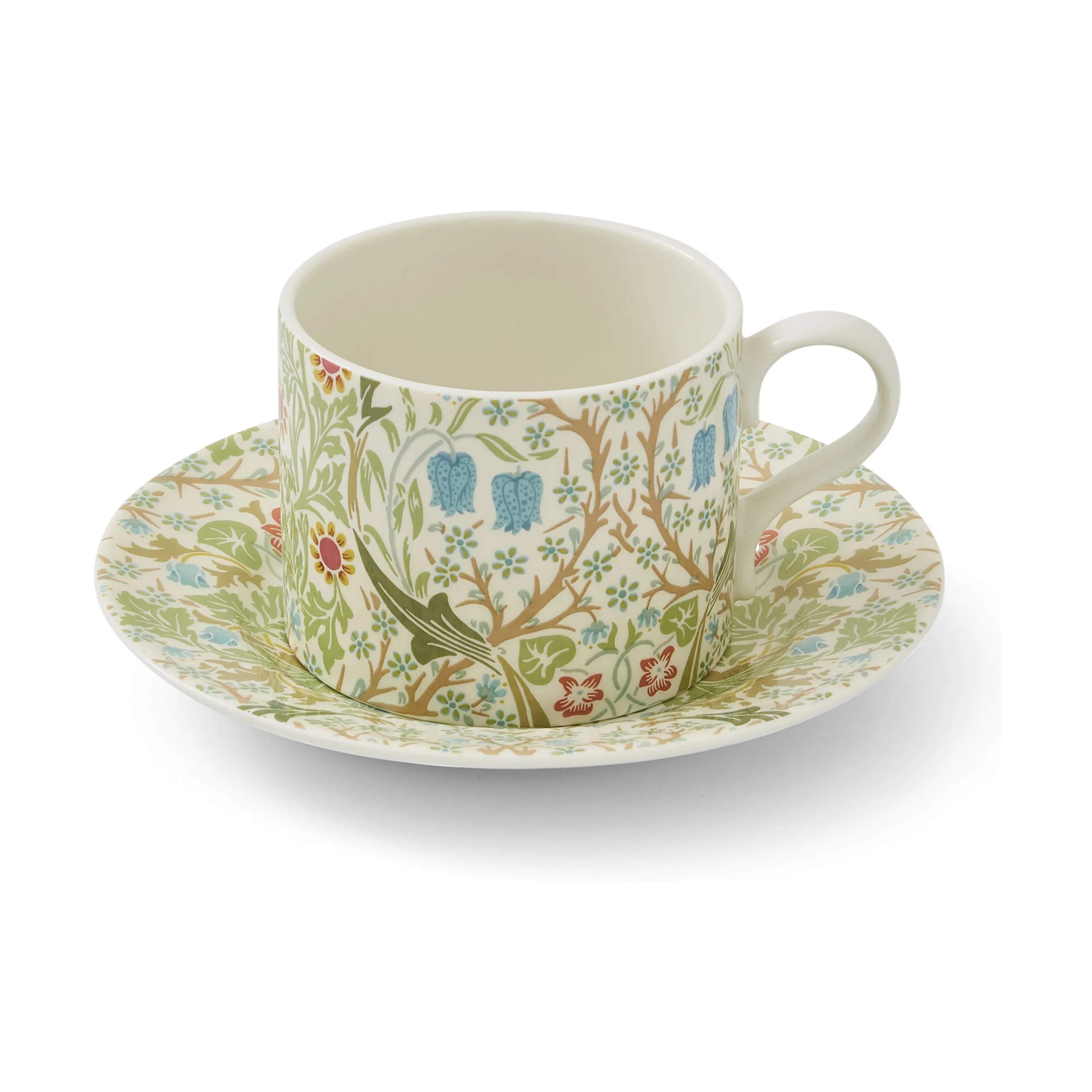 Spode Krus og kopper med hank Morris & Co Tekop m. underkop i Lyserød/Grøn/blå, 1