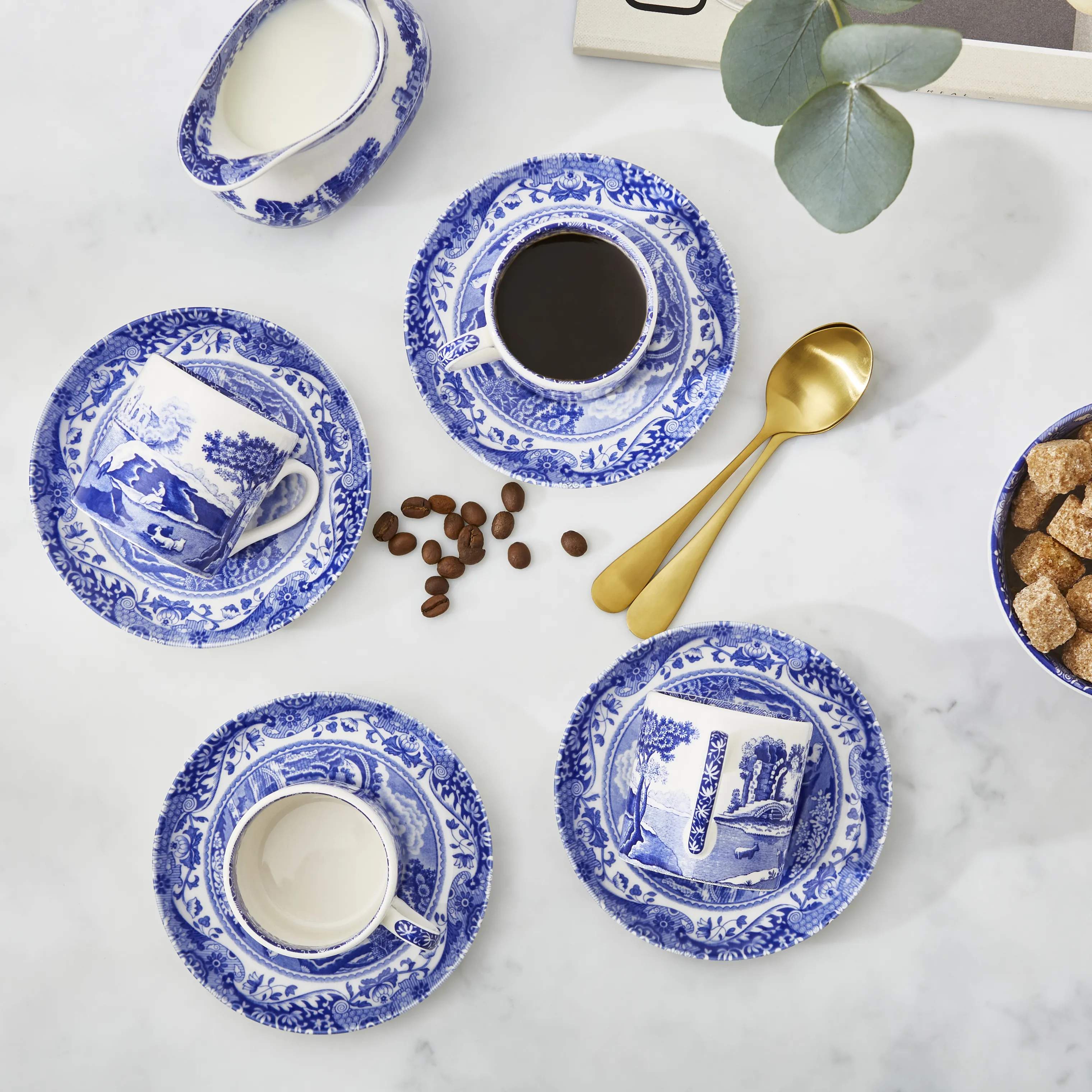 Spode Krus og kopper med hank Blue Italian Blue Italien Kaffekop m. underkop - 4 stk. i Blå/hvid, 2
