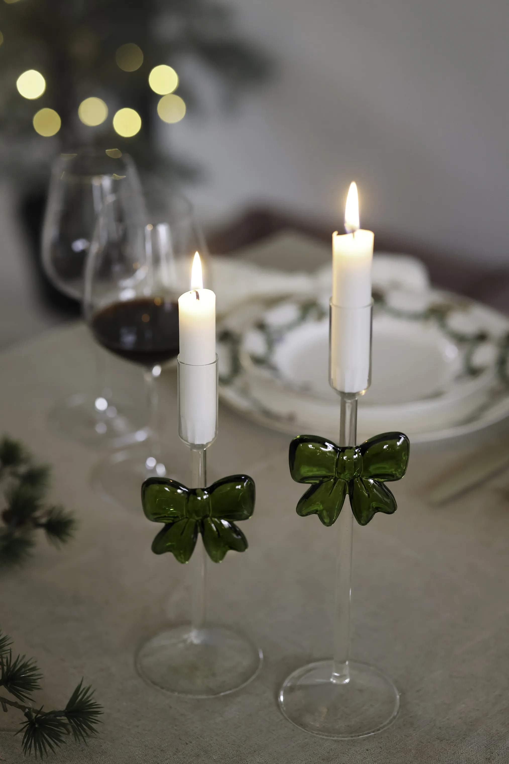 Casa Christmas Kronelysestage Lysestage i klar/med grøn sløjfe, 23 cm, 2