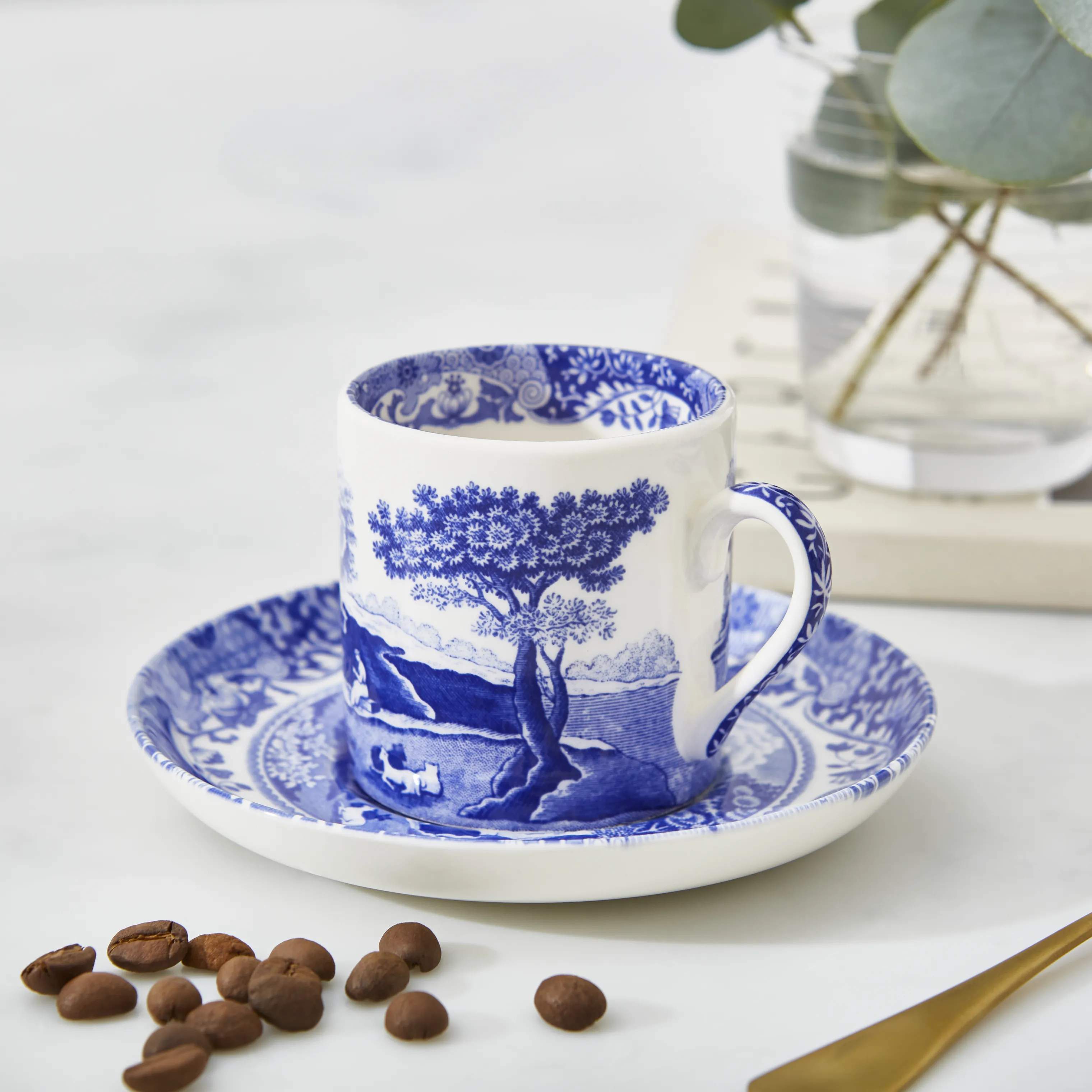 Spode Krus og kopper med hank Blue Italian Blue Italien Kaffekop m. underkop - 4 stk. i Blå/hvid, 4