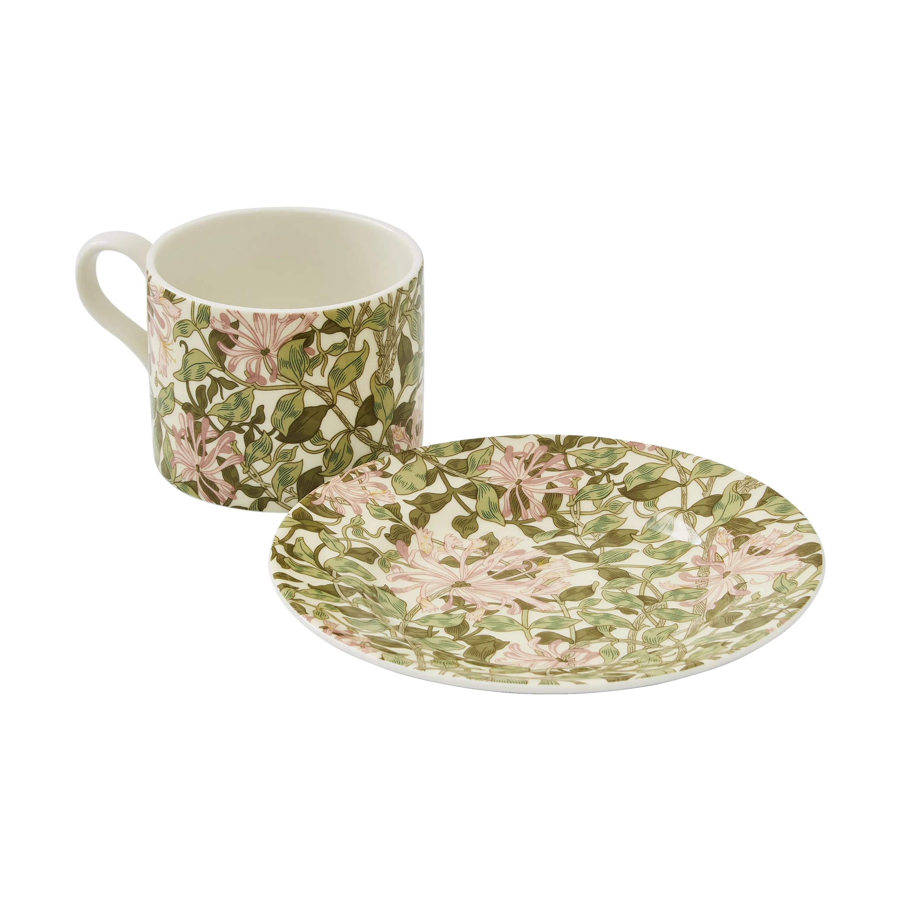Spode Krus og kopper med hank Morris & Co Tekop m. underkop i Lyserød/Grøn, 4