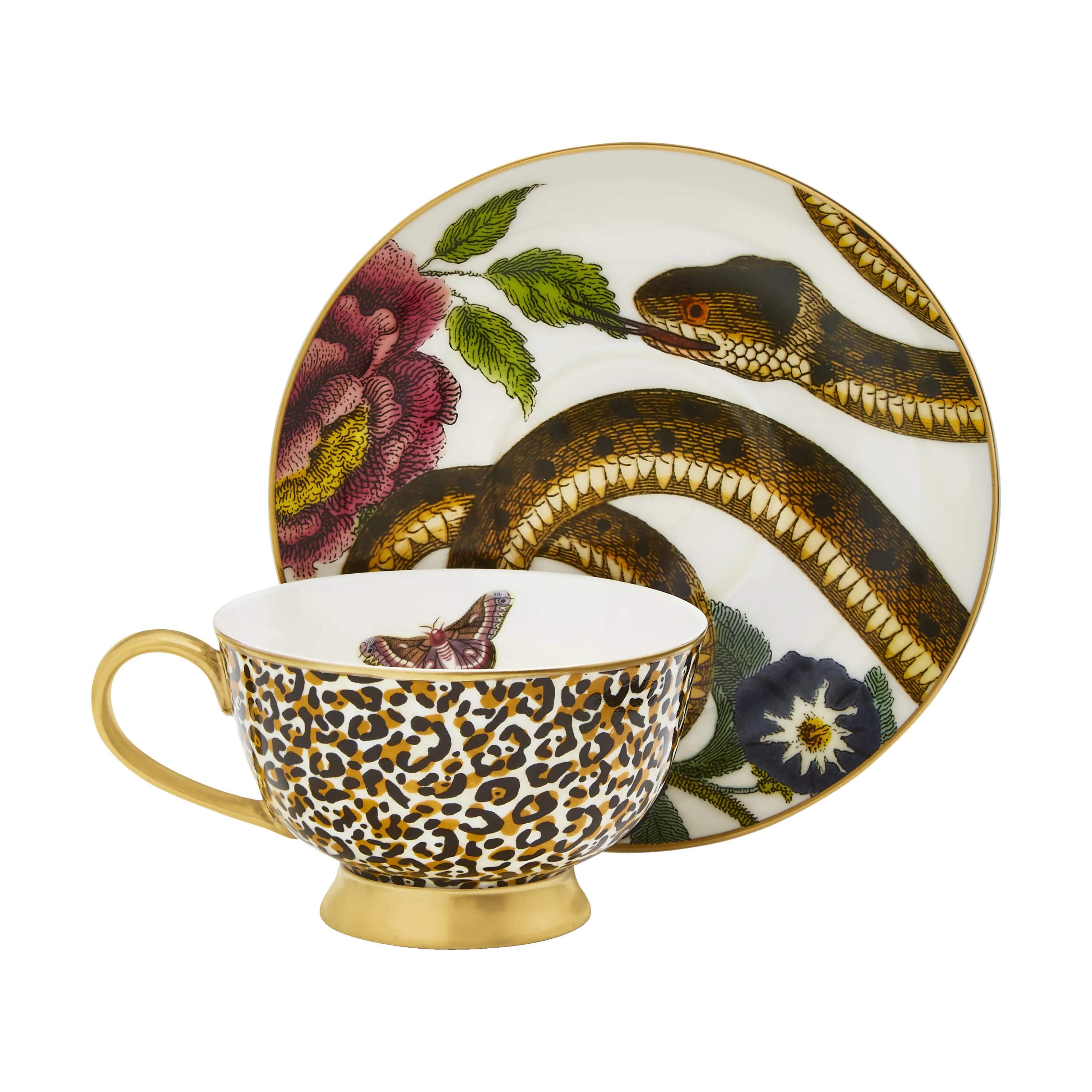 Spode Krus og kopper med hank Creatures Of Curiosity Tekop m. underkop i Leopard/guld, 3