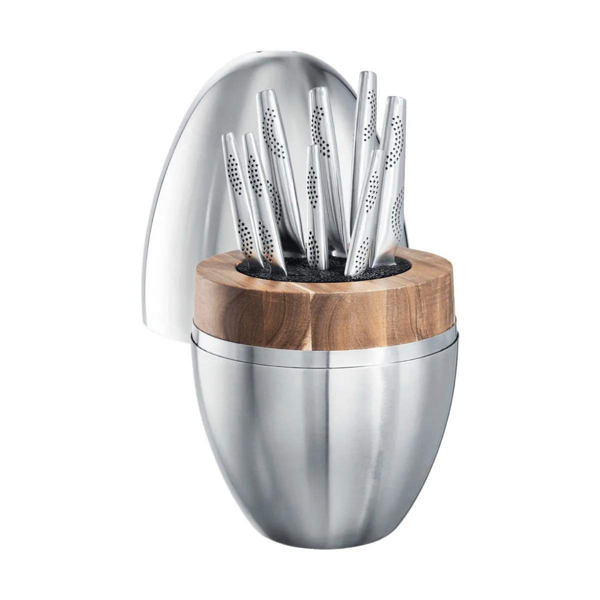 iD3® THE EGG Knivblok - 9 dele, sølvfarvet/sort/træ, large