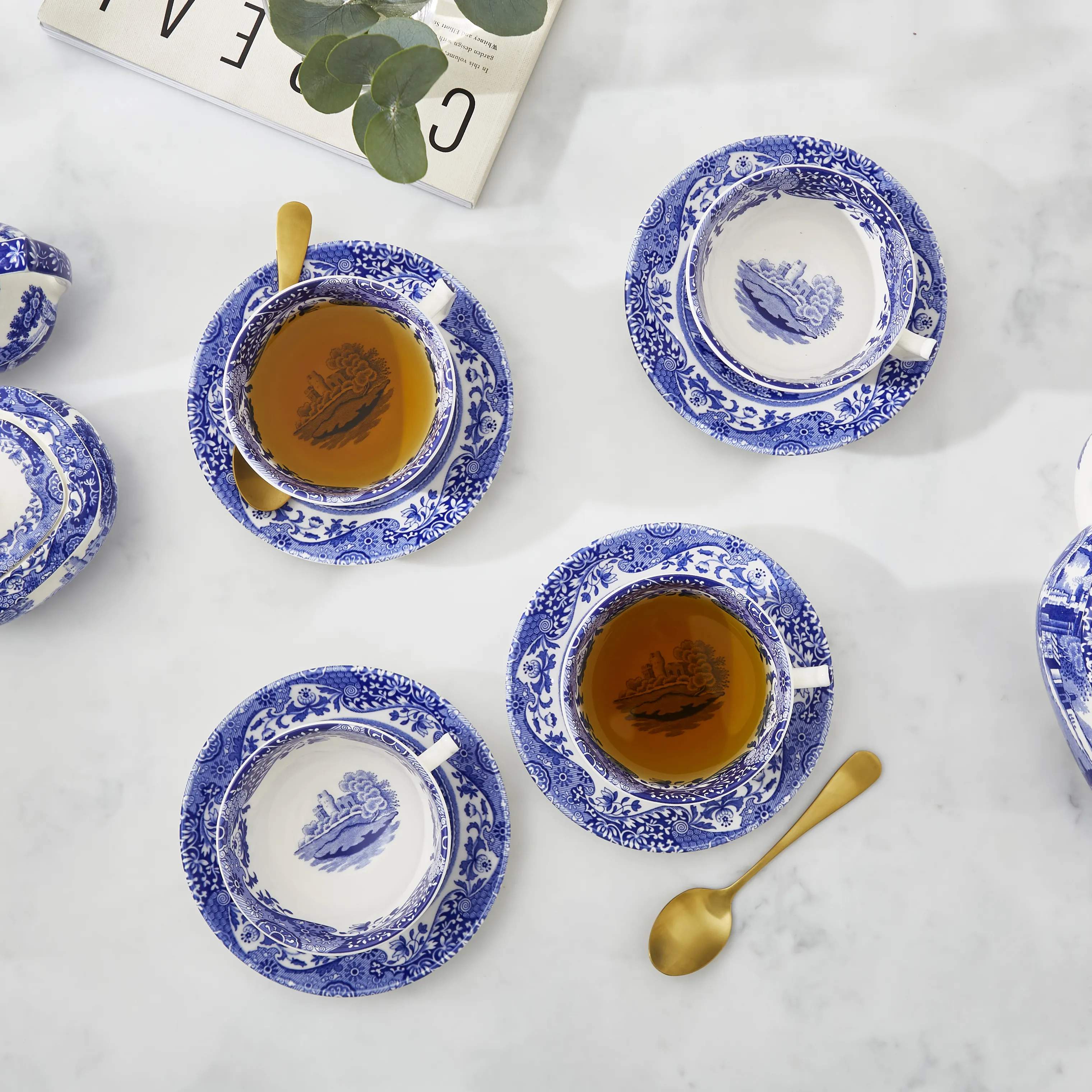 Spode Krus og kopper med hank Blue Italian Blue Italien Tekop m. underkop - 4 stk. i Blå/hvid, 2