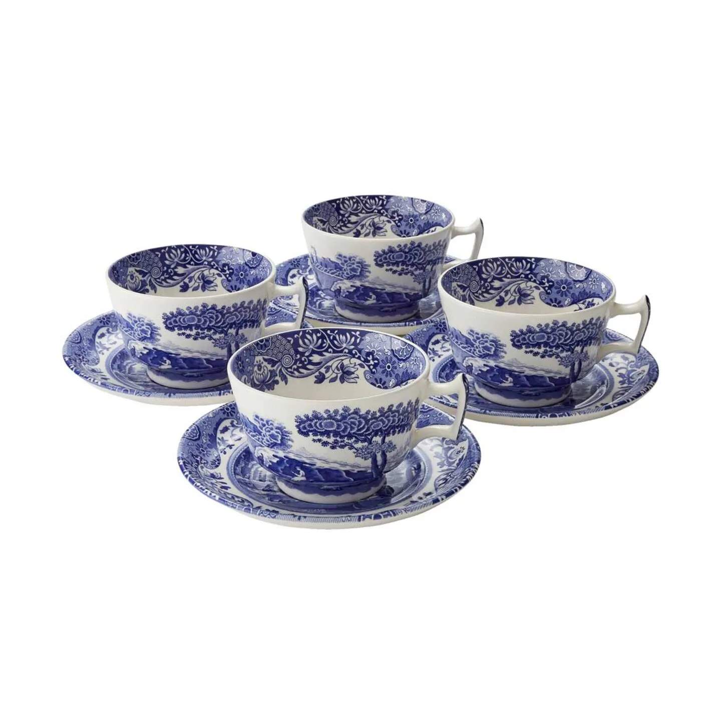Spode Krus og kopper med hank Blue Italian Blue Italien Morgenkop m. underkop - 4 stk. i Blå/hvid, 1