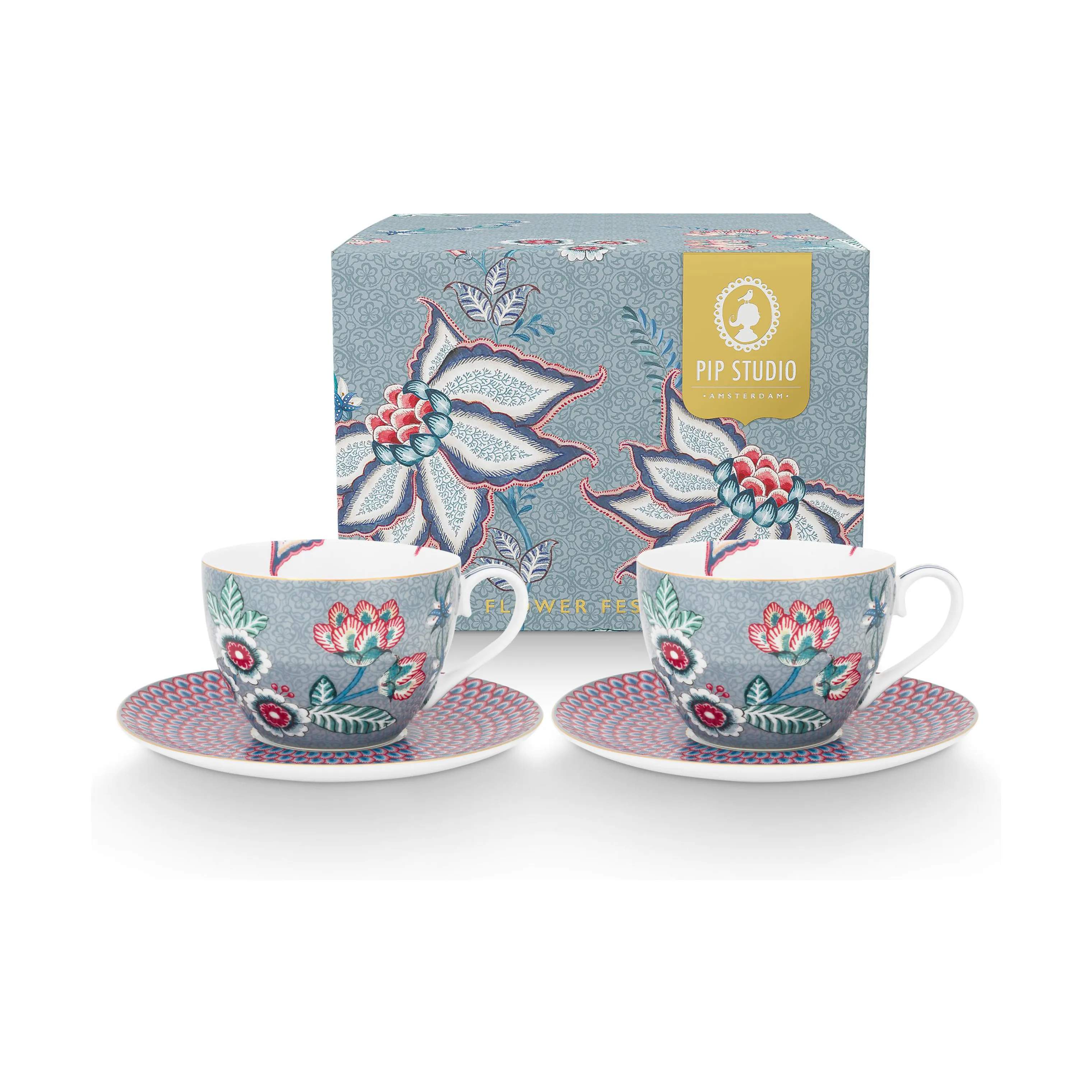 PIP Studio Krus og kopper med hank Flower Festival Kop m. underkop - 2 stk. i Blue, 7