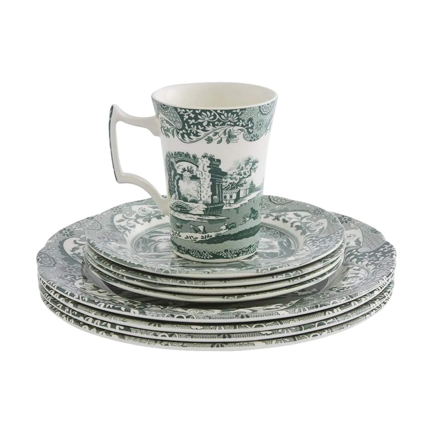 Spode Middagstallerkener Heritage Green Italian sæt - 12 dele i Grøn/hvid, 3