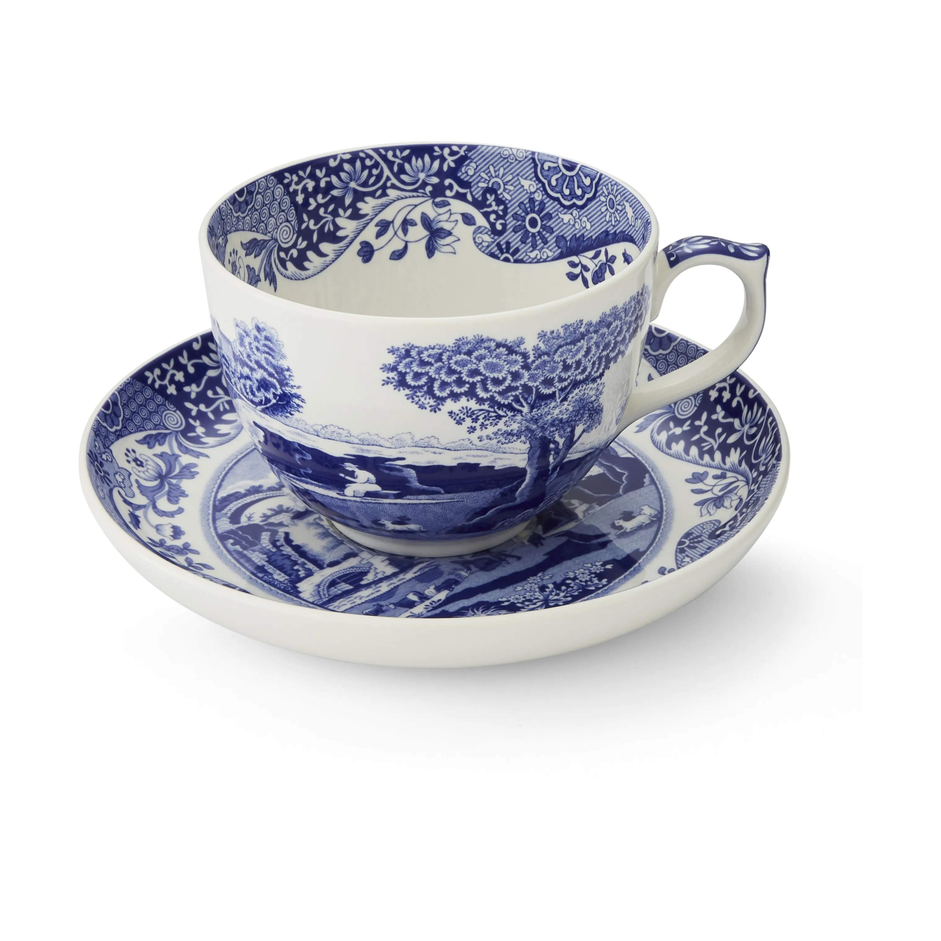 Spode Krus og kopper med hank Blue Italian Blue Italien Jumbokop m. underkop i blå/hvid, 1