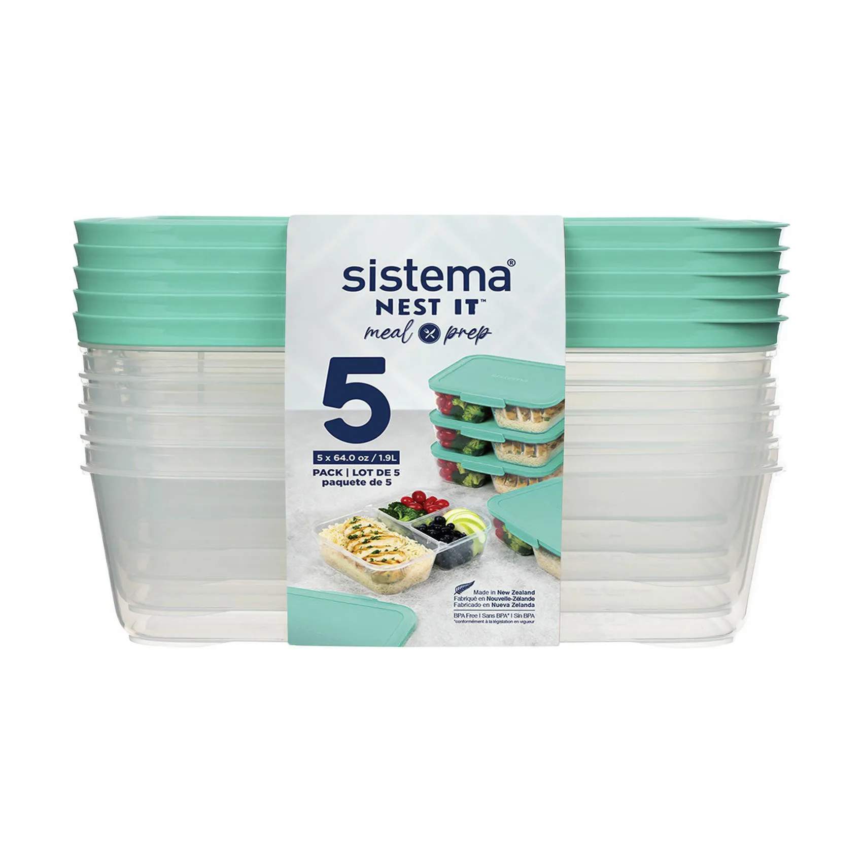 Nest It Meal Prep Opbevaringsboks - 5 stk., minty teal, large