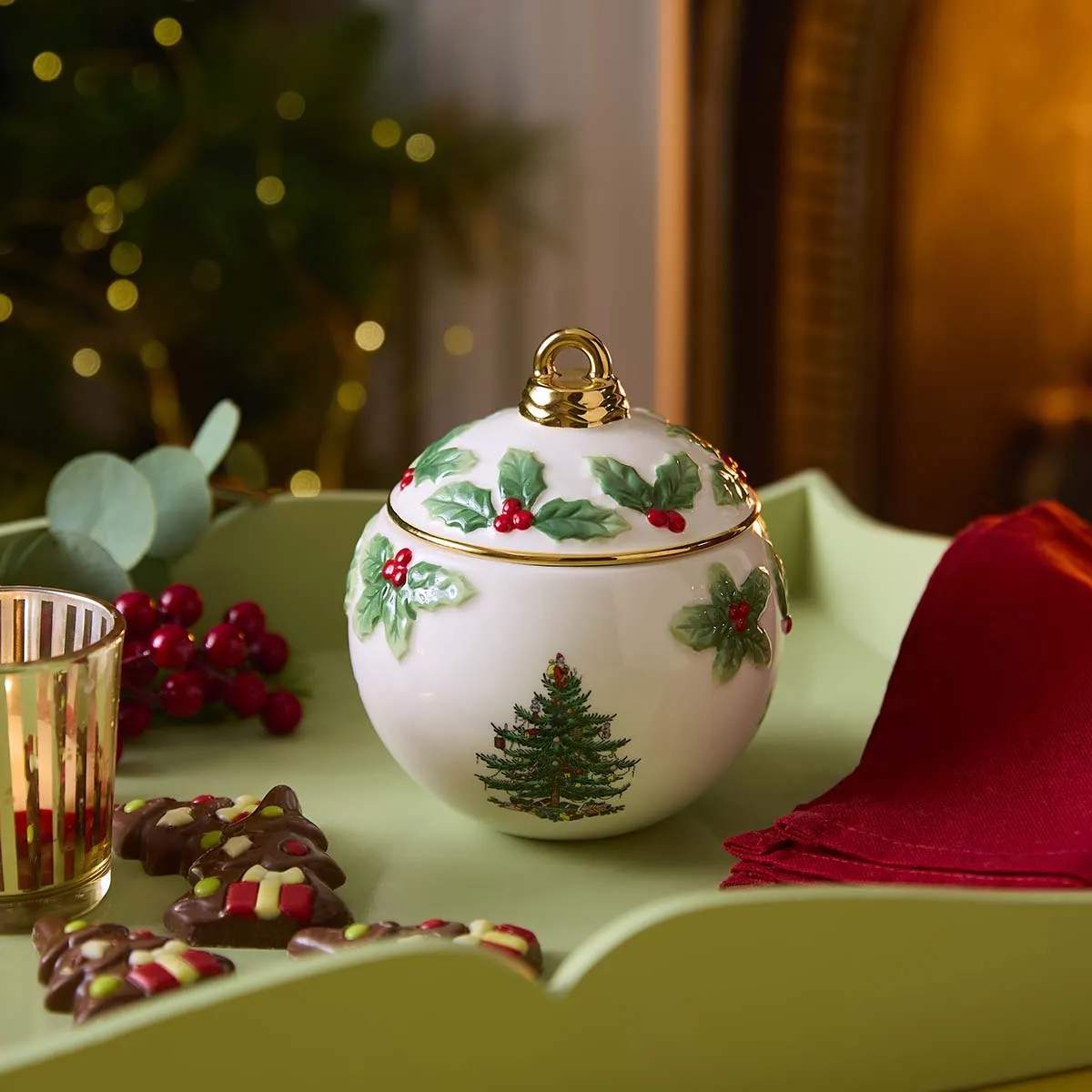 Spode Krukker med låg Christmas Tree Slikskål med låg i Rød/grøn/hvid, 2