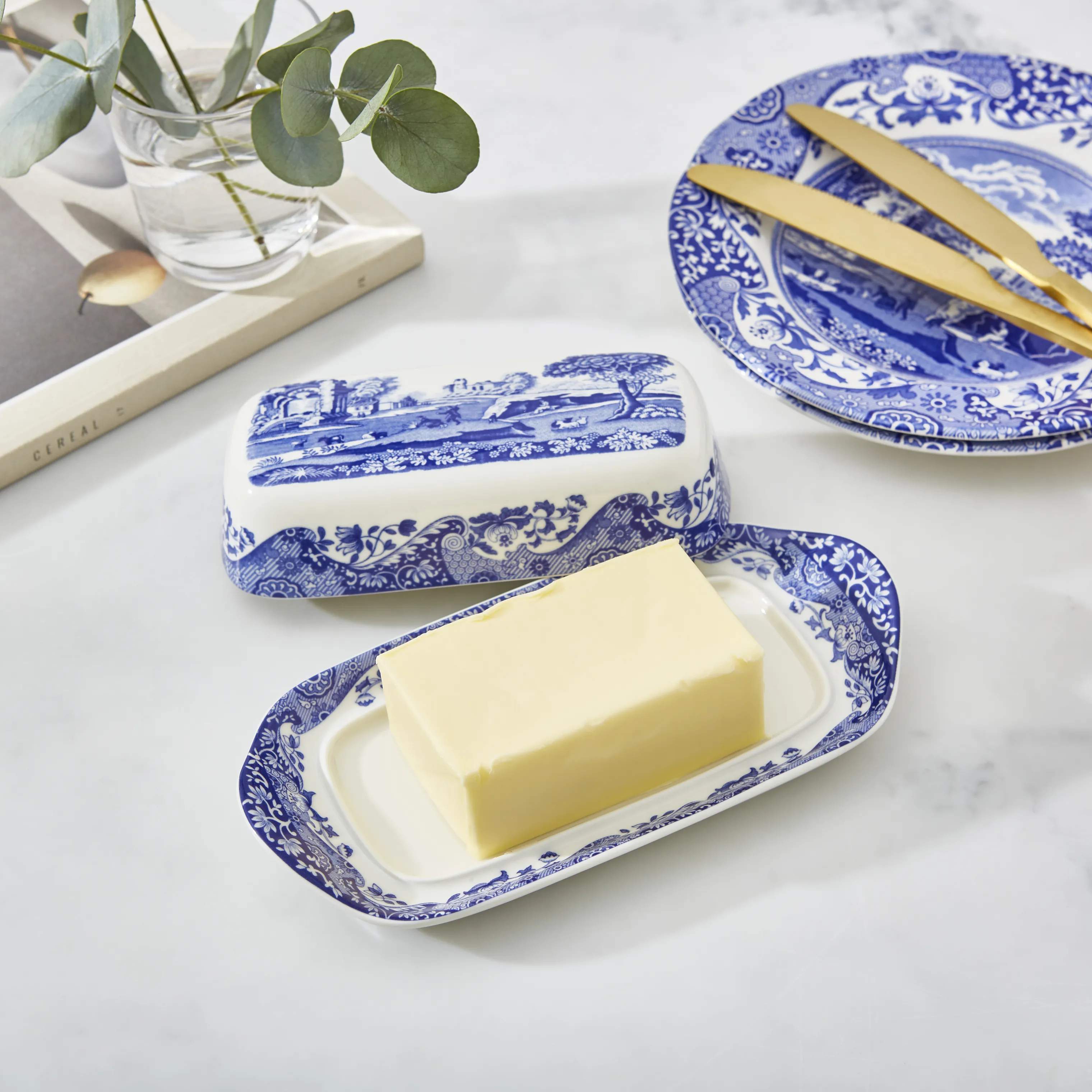 Spode Smørbokse Blue Italian Blue Italien Smørboks i blå/hvid, 2