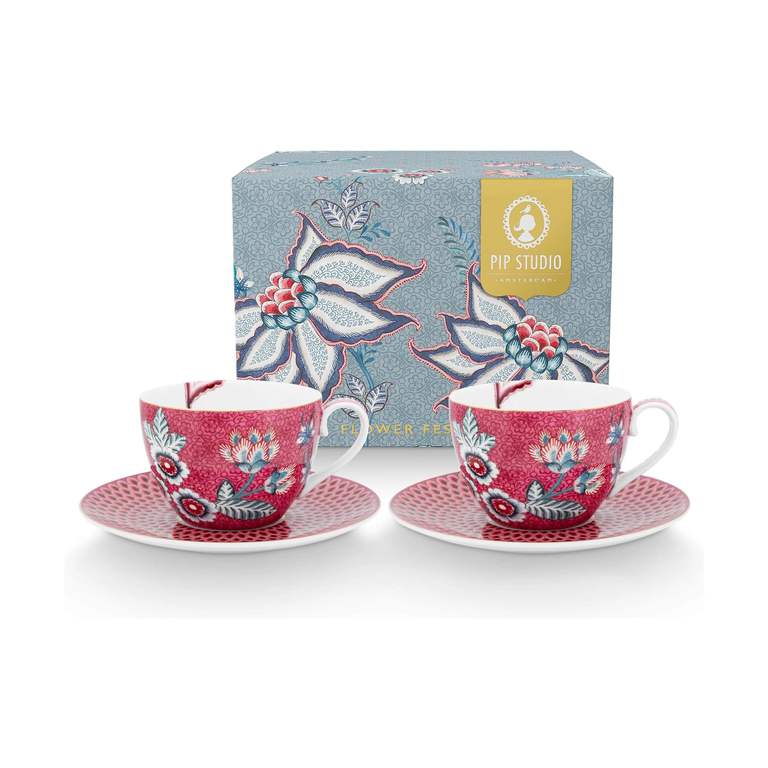 PIP Studio Krus og kopper med hank Flower Festival Kop m. underkop - 2 stk. i Pink, 3