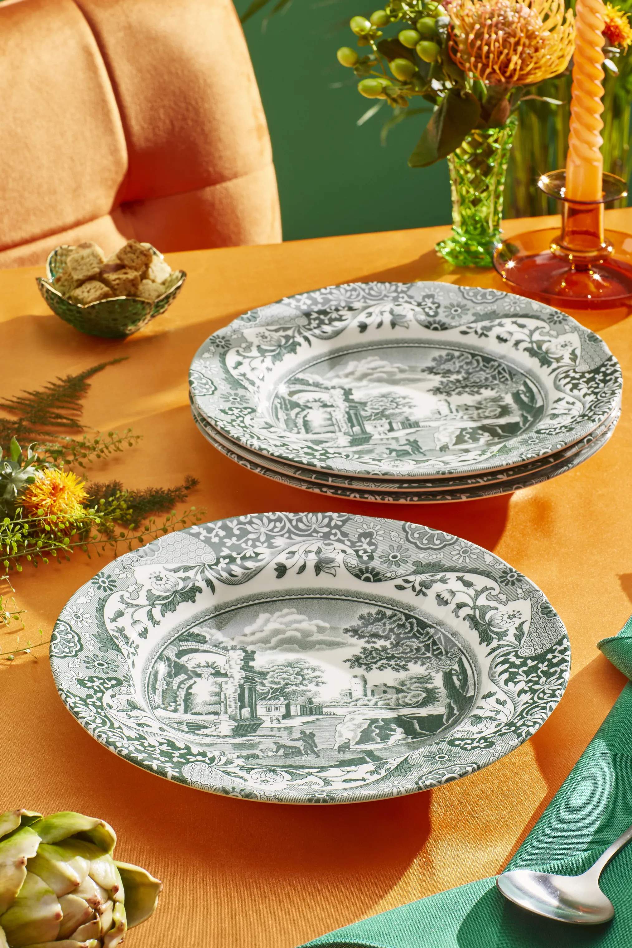Spode Suppeskåle Heritage Green Italian Suppertallerken - 4 stk. i Grøn/hvid, 2