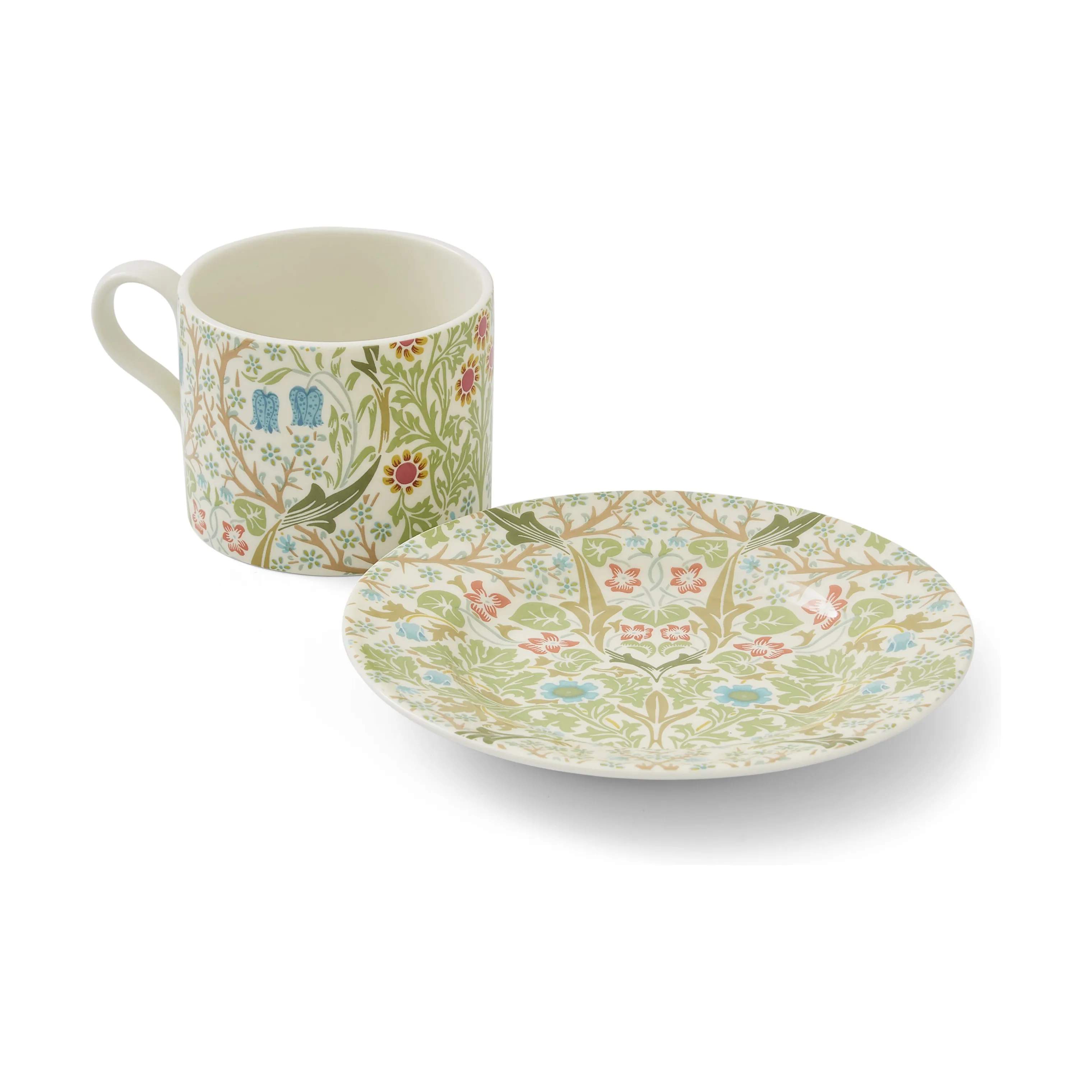 Spode Krus og kopper med hank Morris & Co Tekop m. underkop i Lyserød/Grøn/blå, 4