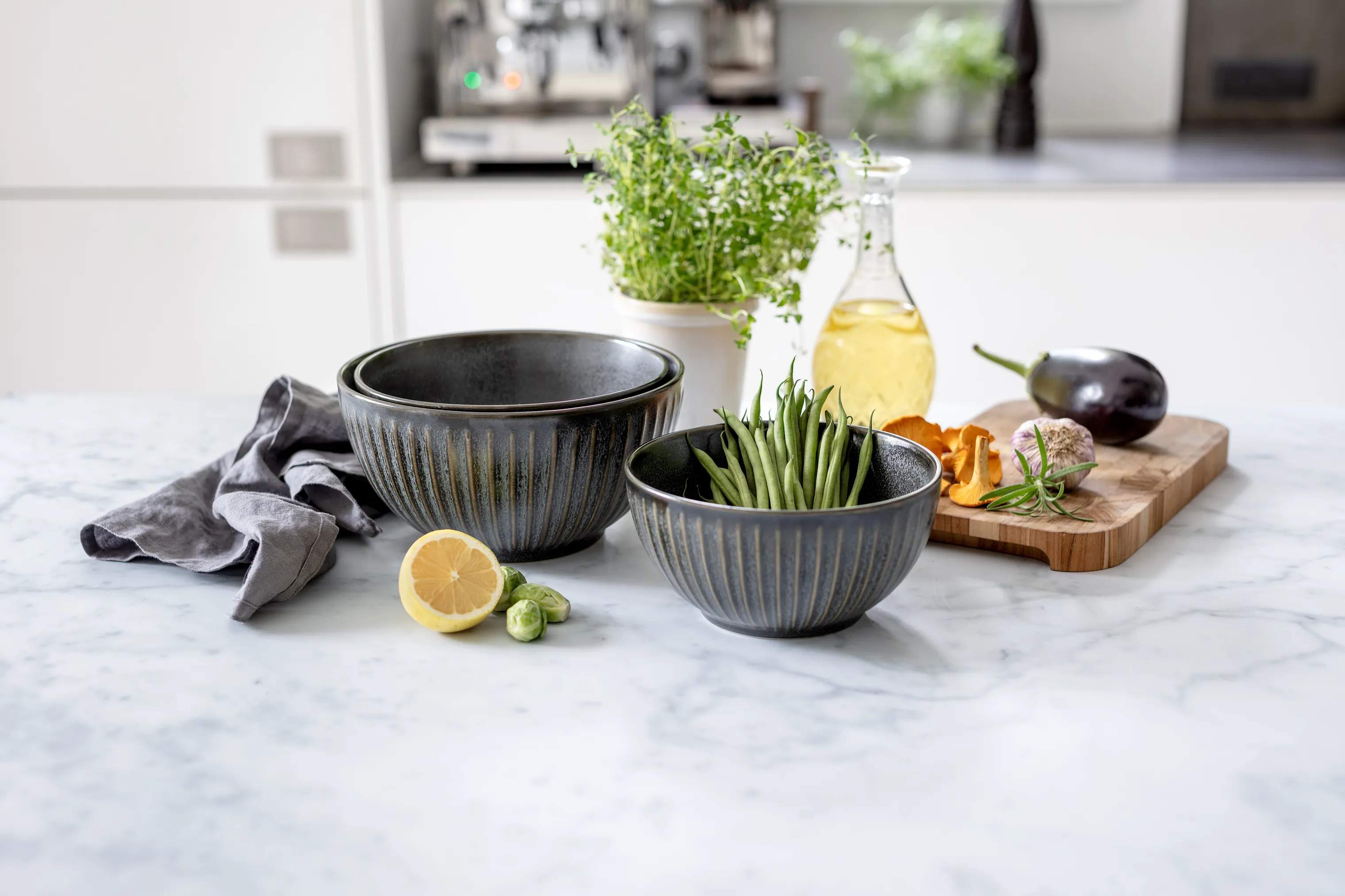 CASA Living Serveringsskåle Sofia Riflet Skålsæt - 3 stk. i Grå, 2