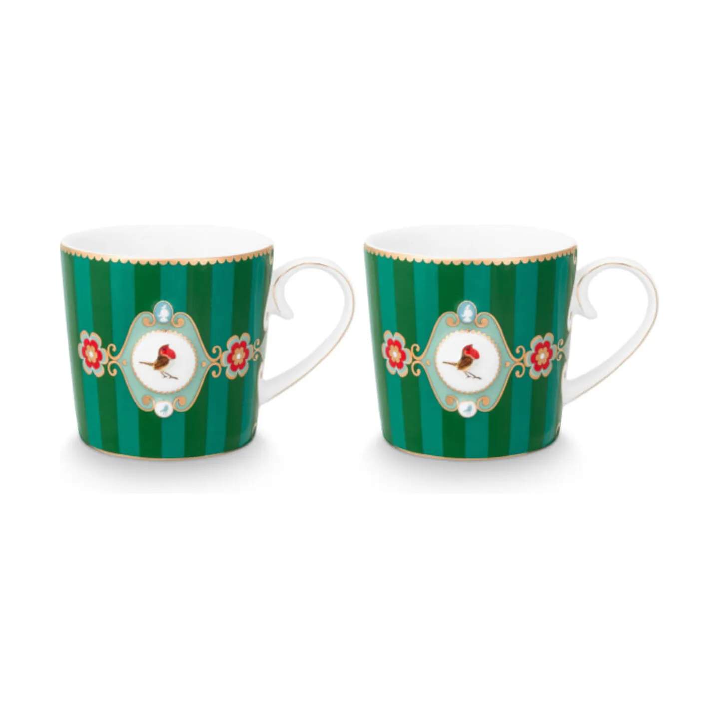 PIP Studio Krus og kopper med hank Love Birds Krus - 2 stk. i Green/striber, 190 ml, 1