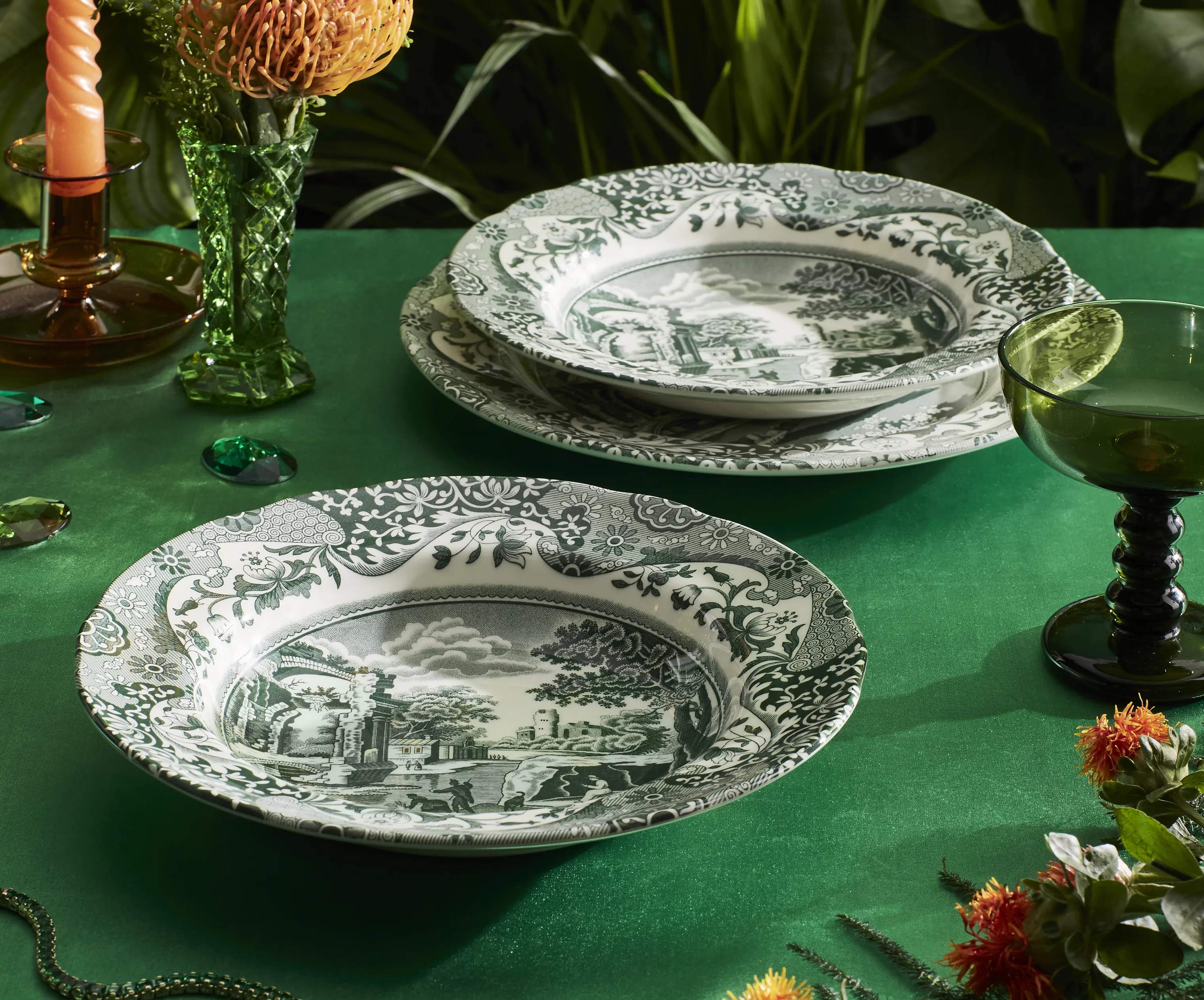 Spode Suppeskåle Heritage Green Italian Suppertallerken - 4 stk. i Grøn/hvid, 2