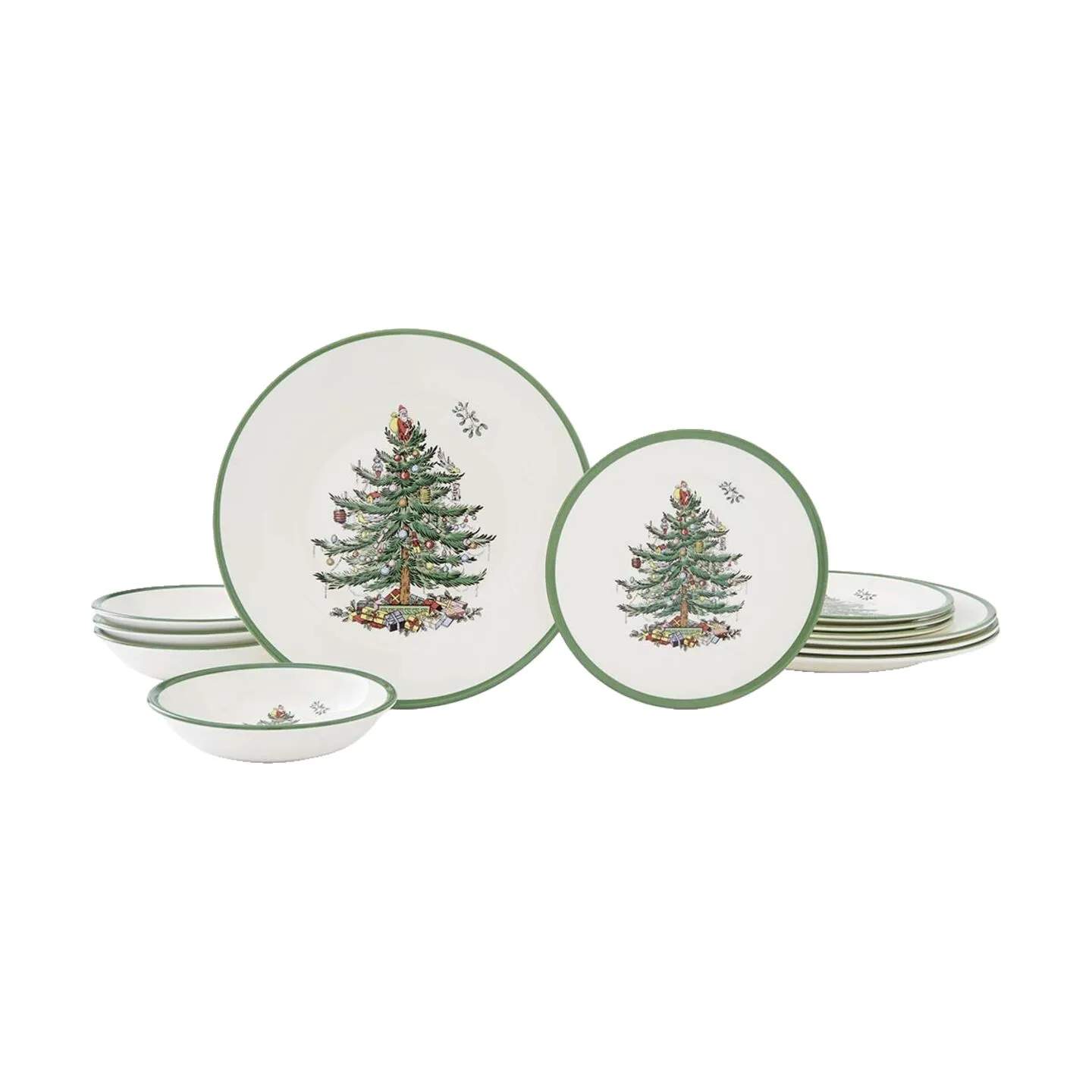 Spode Middagstallerkener Christmas Tree Stelsæt - 12 dele i Rød/grøn/hvid, 1