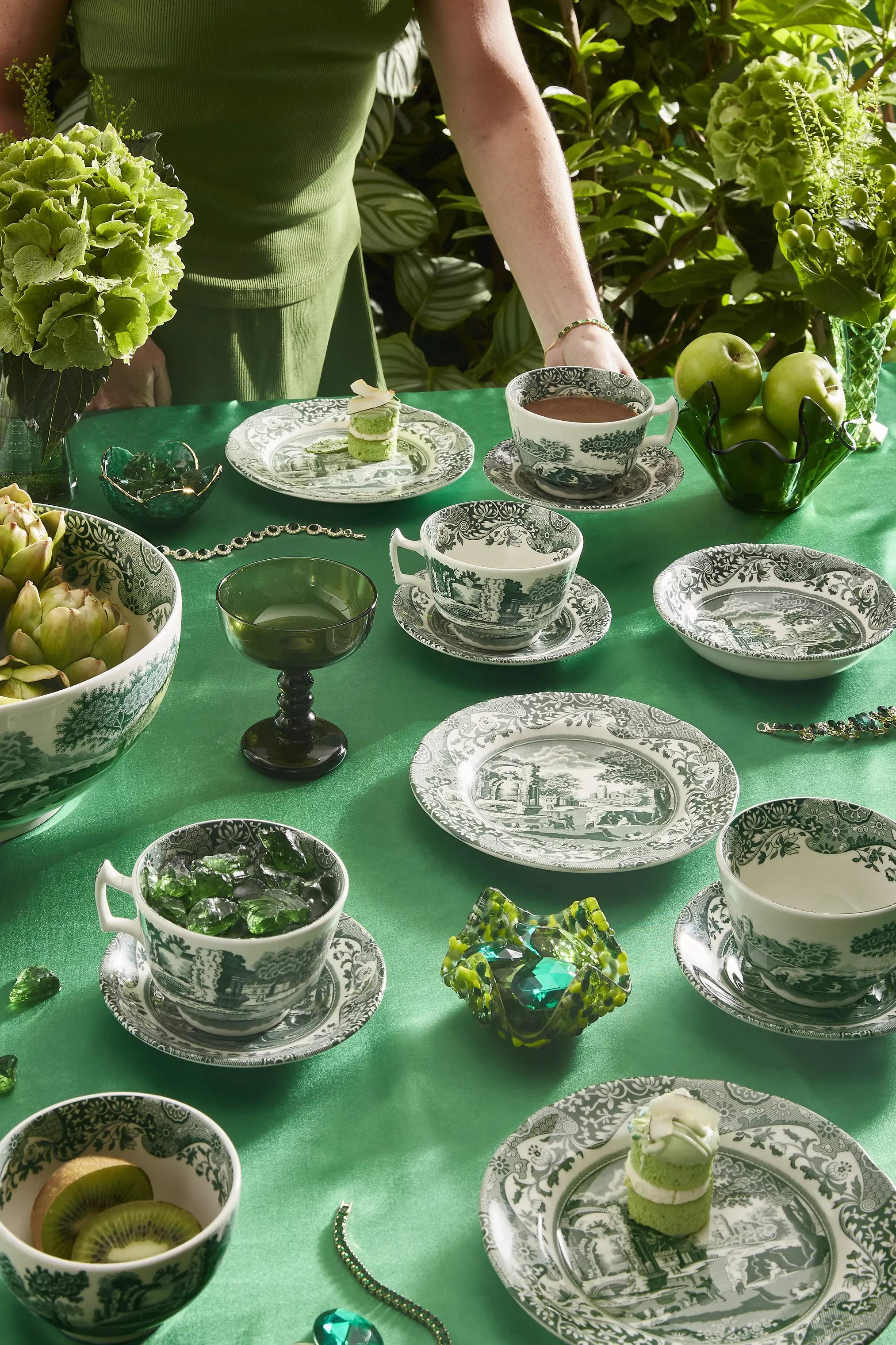 Spode Krus og kopper med hank Heritage Green Italian Kop m. underkop - 4 stk. i Grøn/hvid, 2