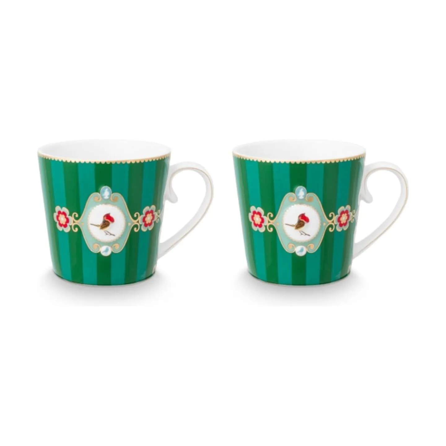 PIP Studio Krus og kopper med hank Love Birds Krus - 2 stk. i Green/striber, 300 ml, 1