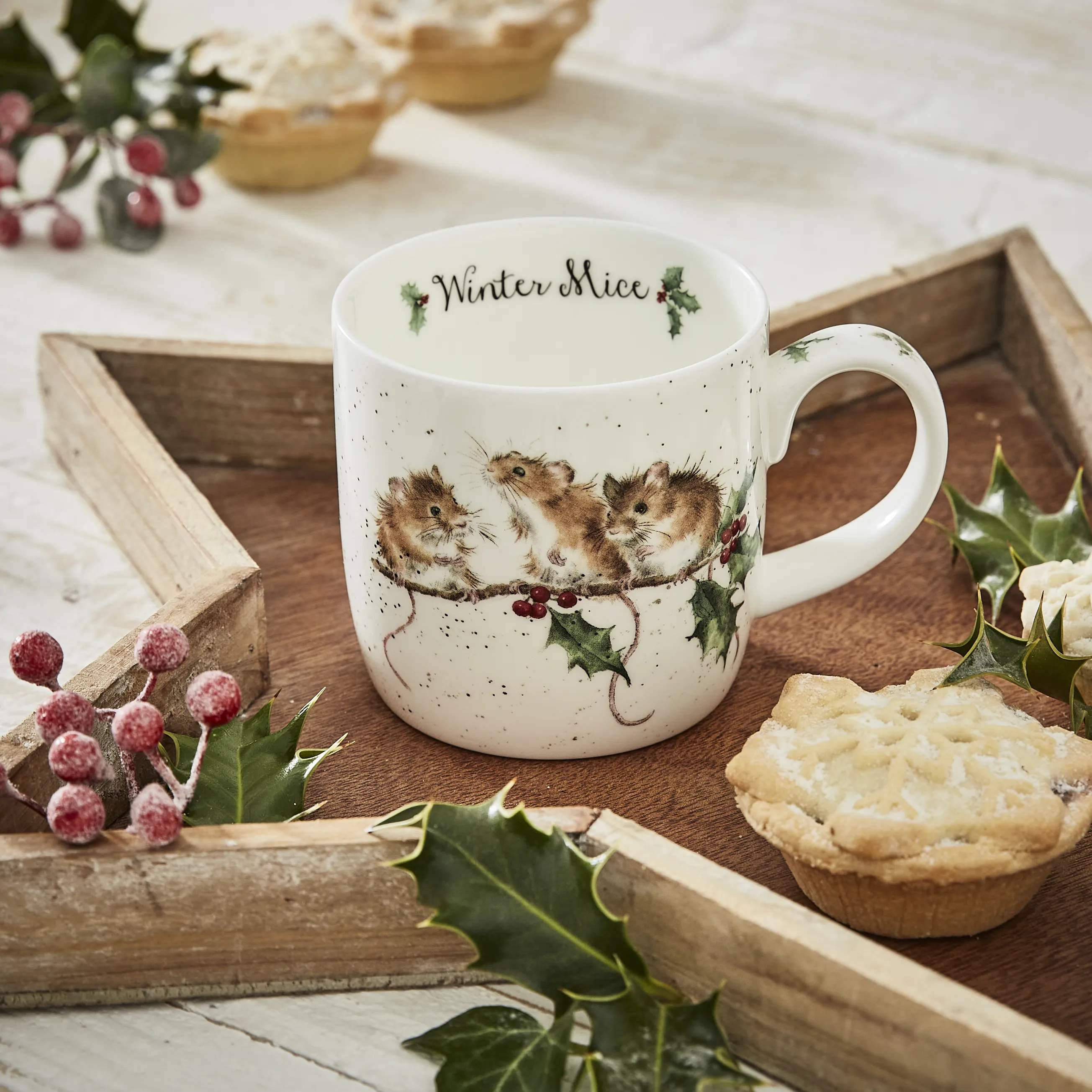 Royal Worcester Krus og kopper med hank Wrendale Krus - Winter mice i Festlige mus, 2