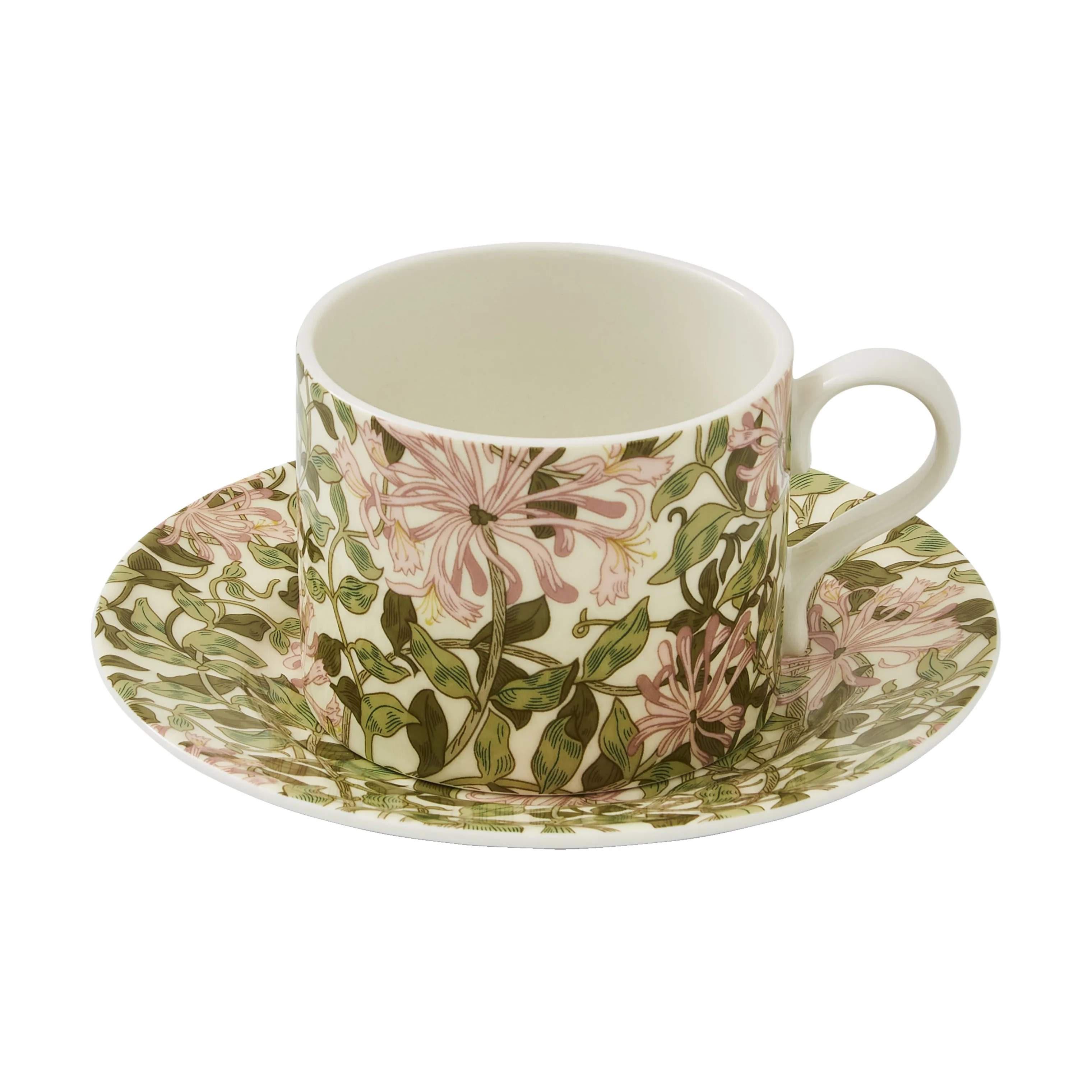 Spode Krus og kopper med hank Morris & Co Tekop m. underkop i Lyserød/Grøn, 1