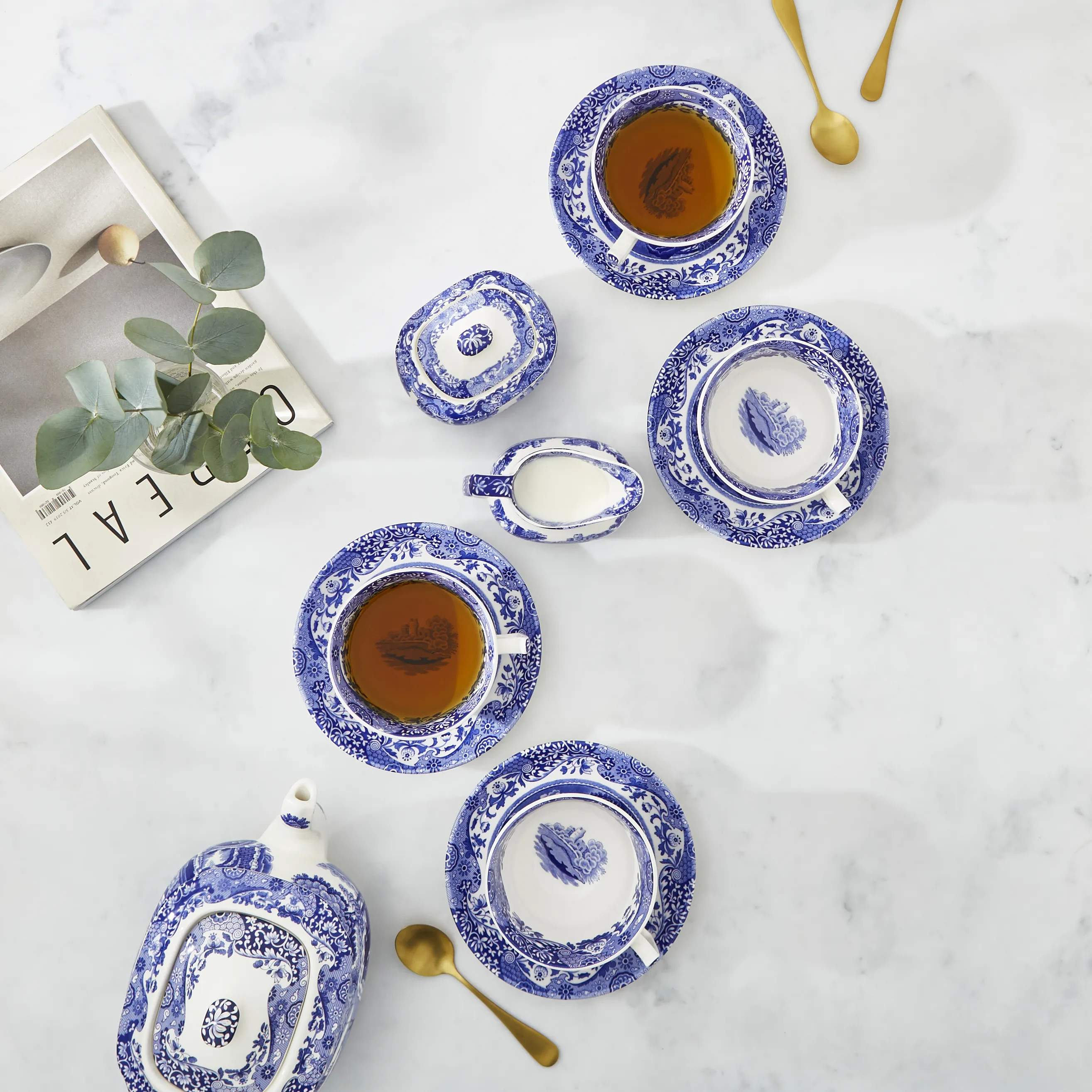 Spode Krus og kopper med hank Blue Italian Blue Italien Morgenkop m. underkop - 4 stk. i Blå/hvid, 3