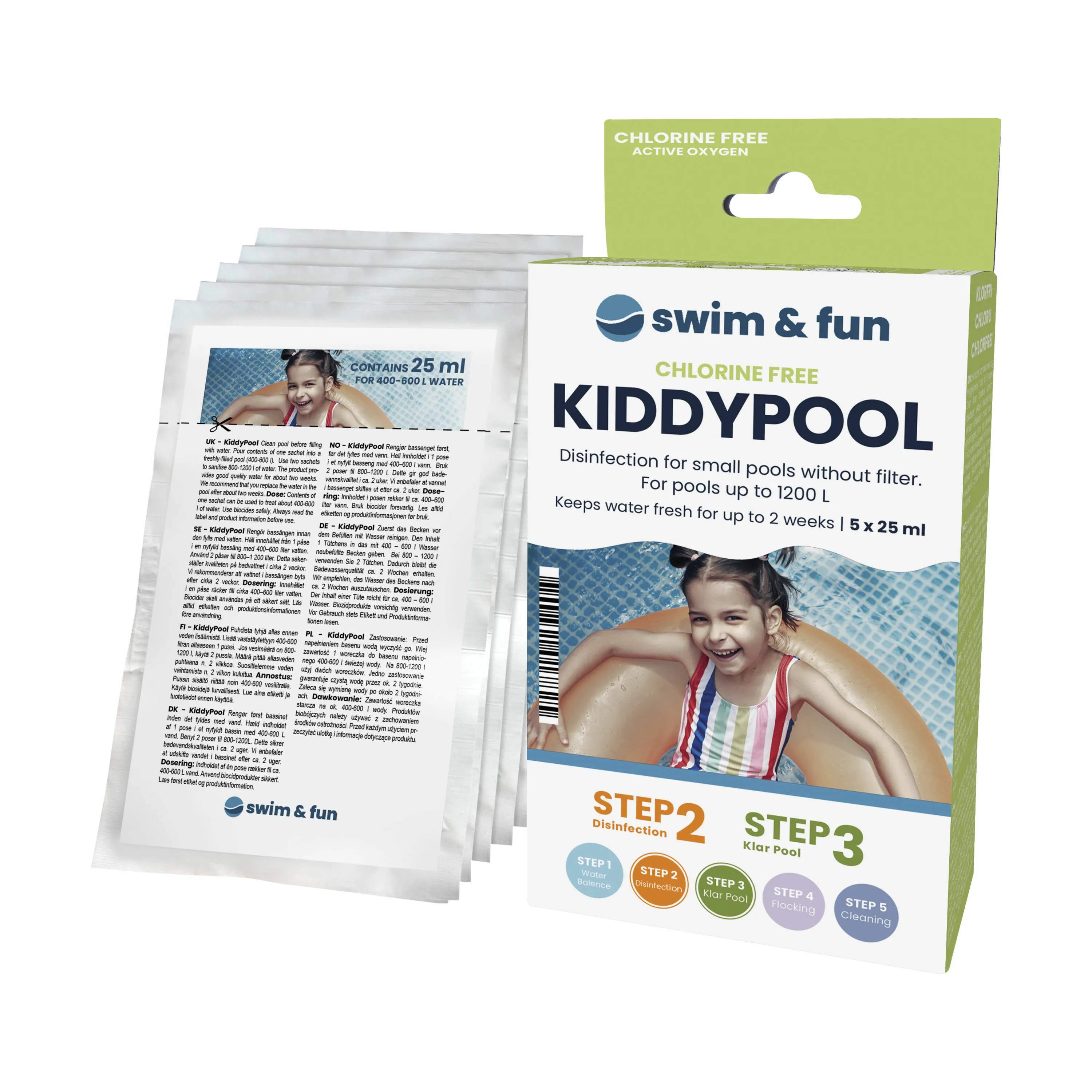 Swim & Fun poolrengøring Vandplejemiddel KiddyPool Klorfri - 5 stk.