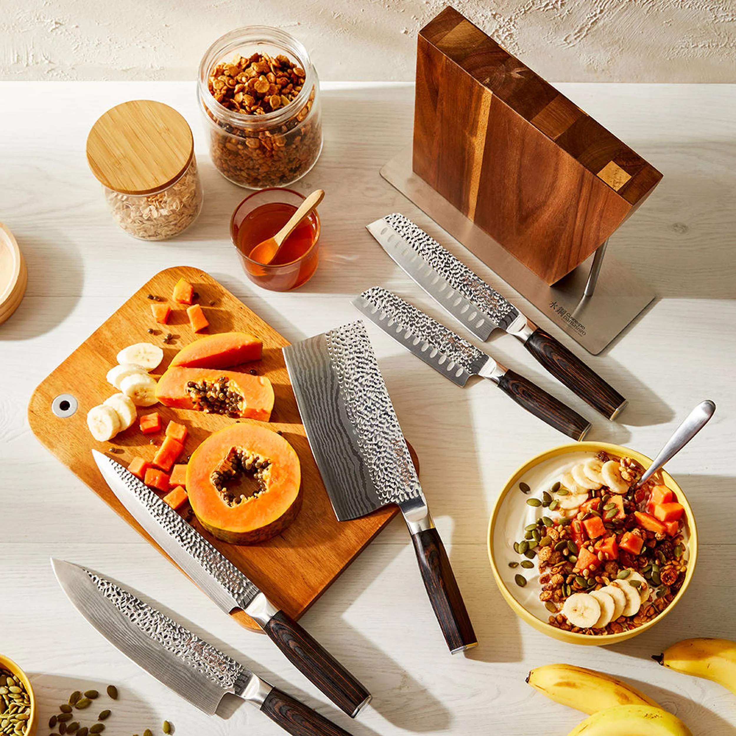 THE CUSTOM CHEF™ Knivblokke med knive Cuisine::pro® Damashiro® Emperor™ Nanashi Knivblok - 6 dele i Silver / Pakkawood, 8
