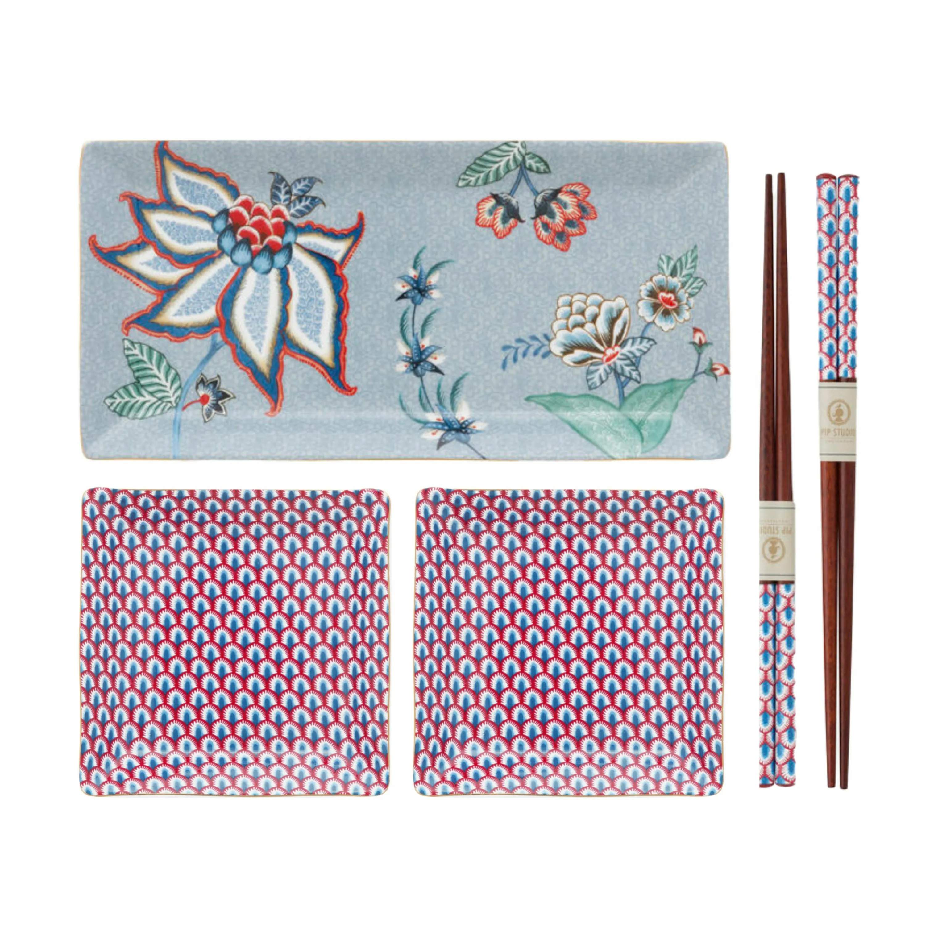 Square Oriental Flower Festival Sushisæt - 5 dele, blue flowers, large