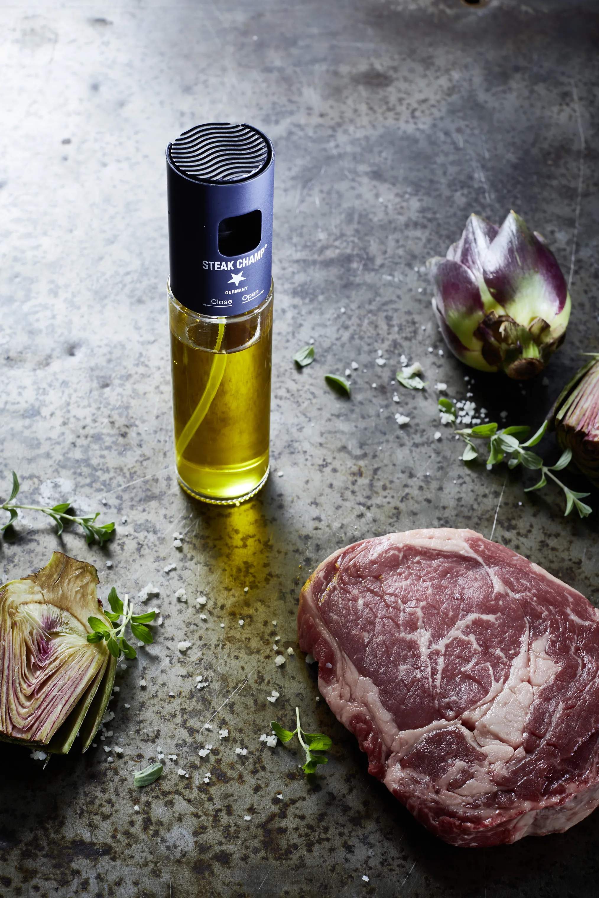 Steak Champ Olie- og eddikeflasker Oliespray i Klar/blå, 2