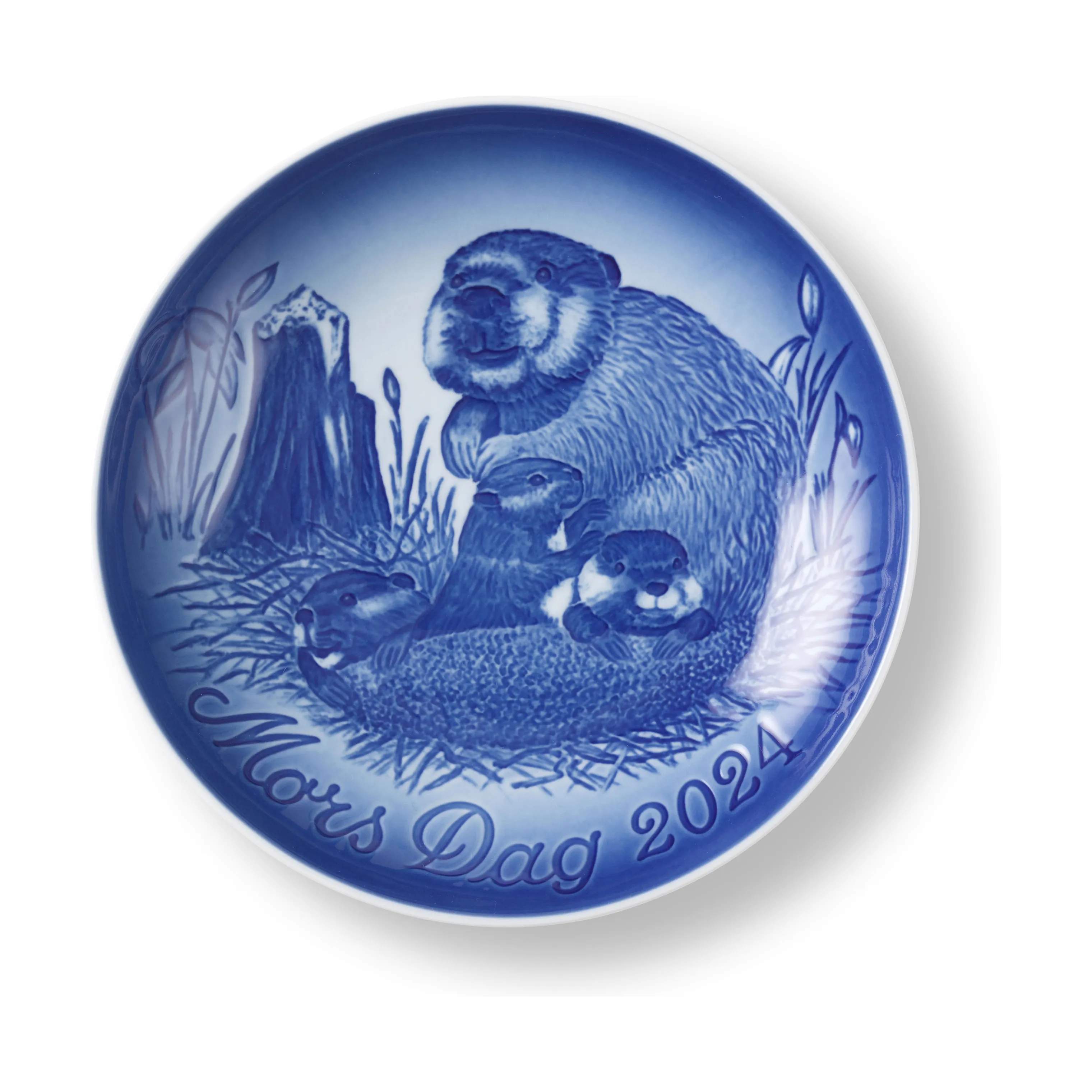 Royal Copenhagen Platter Bing & Grøndahl Mors Dags Platte 2024 - Bæver med unge i Blå, 1