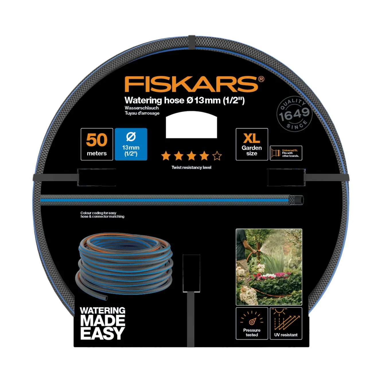 Fiskars Haveslanger Vandslange Q4 i Sort, 50 m, 3