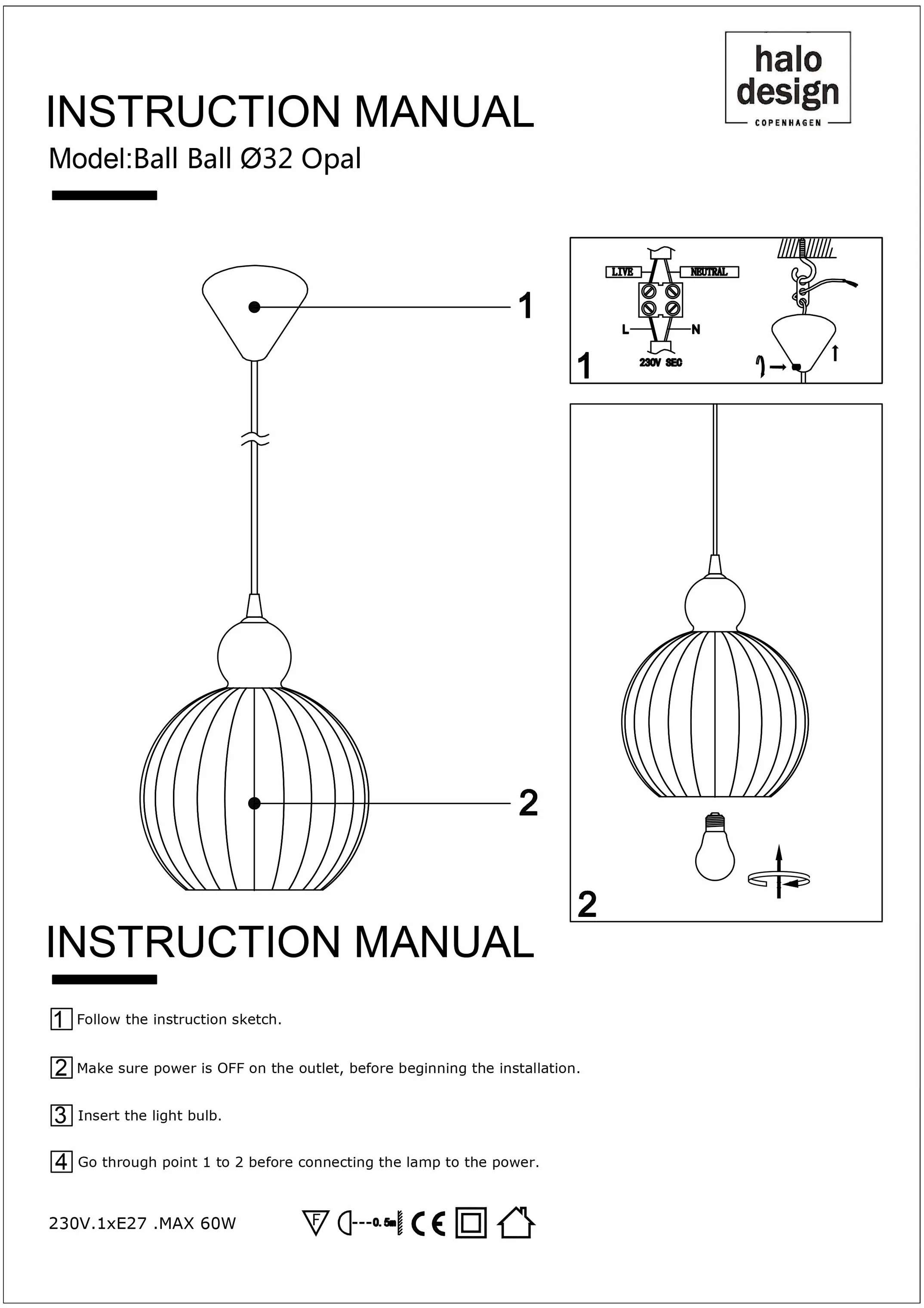 Halo Design Pendler Ball Ball Pendel i Opal, 32 cm, 3