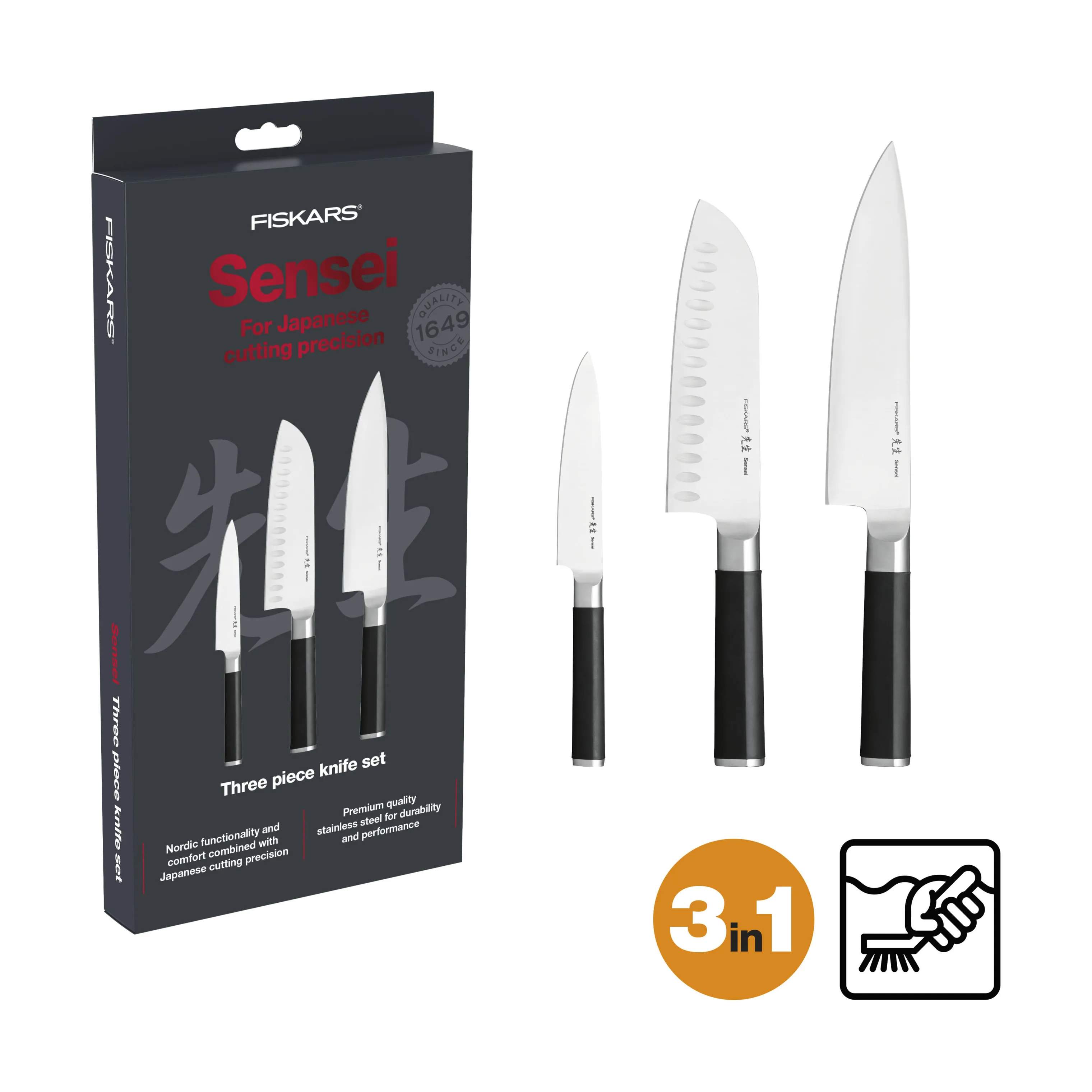 Fiskars Knivsæt Sensei Knivsæt - 3 dele i Stål/sort, 3