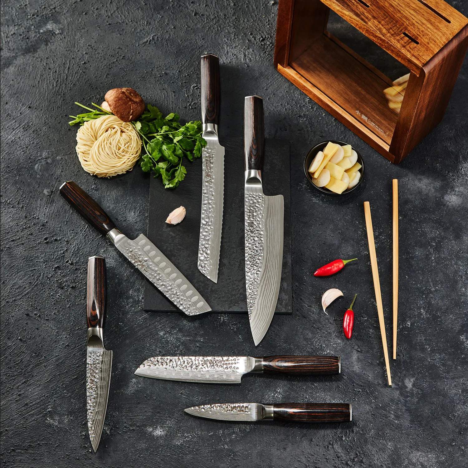 THE CUSTOM CHEF™ Knivblokke med knive Cuisine::pro® Damashiro® EMPEROR Cuisine::pro Damashiro EMPEROR Mokuzai Knivblok - 7 dele i Brun/klar, 3