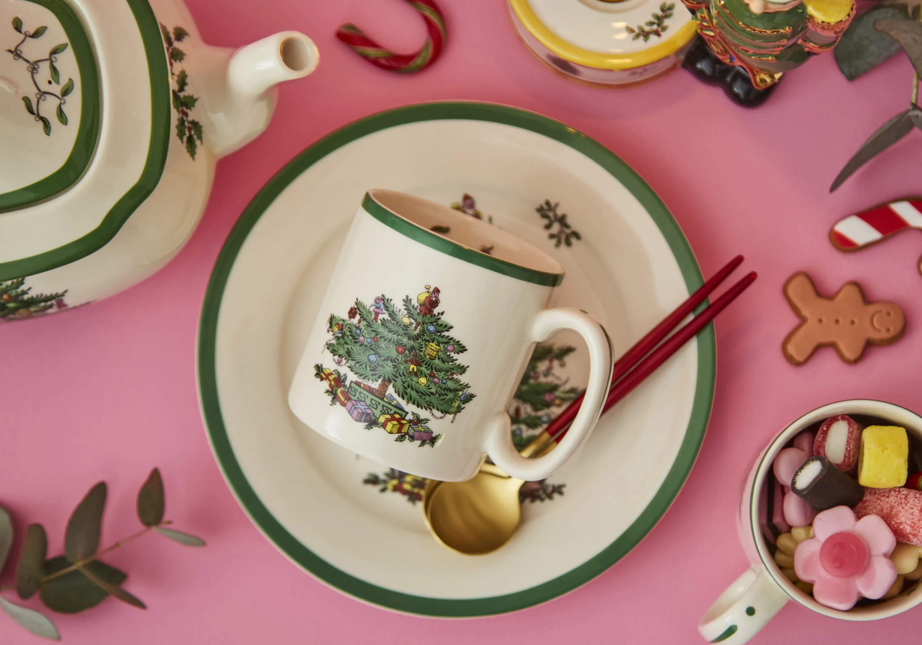 Spode Krus og kopper med hank Christmas Tree Krus i Hvid/grøn/rød, 4