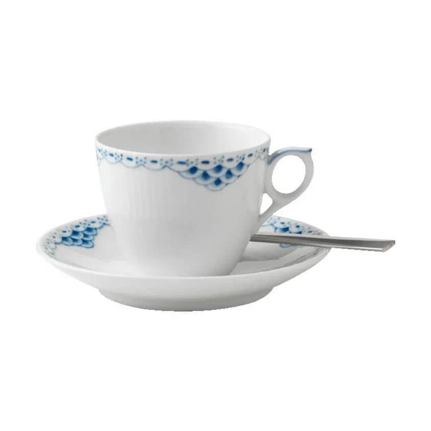 Royal Copenhagen Krus og kopper med hank Prinsesse Kaffekop m. underkop i Koboltblå/hvid, 17 cl, 2