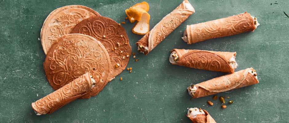 Krumkager med ricotta, chokolade og syltet appelsin