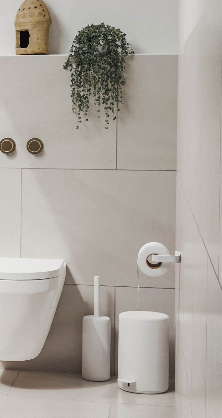 Toilet med toiletbørste og toiletspand på gulvet