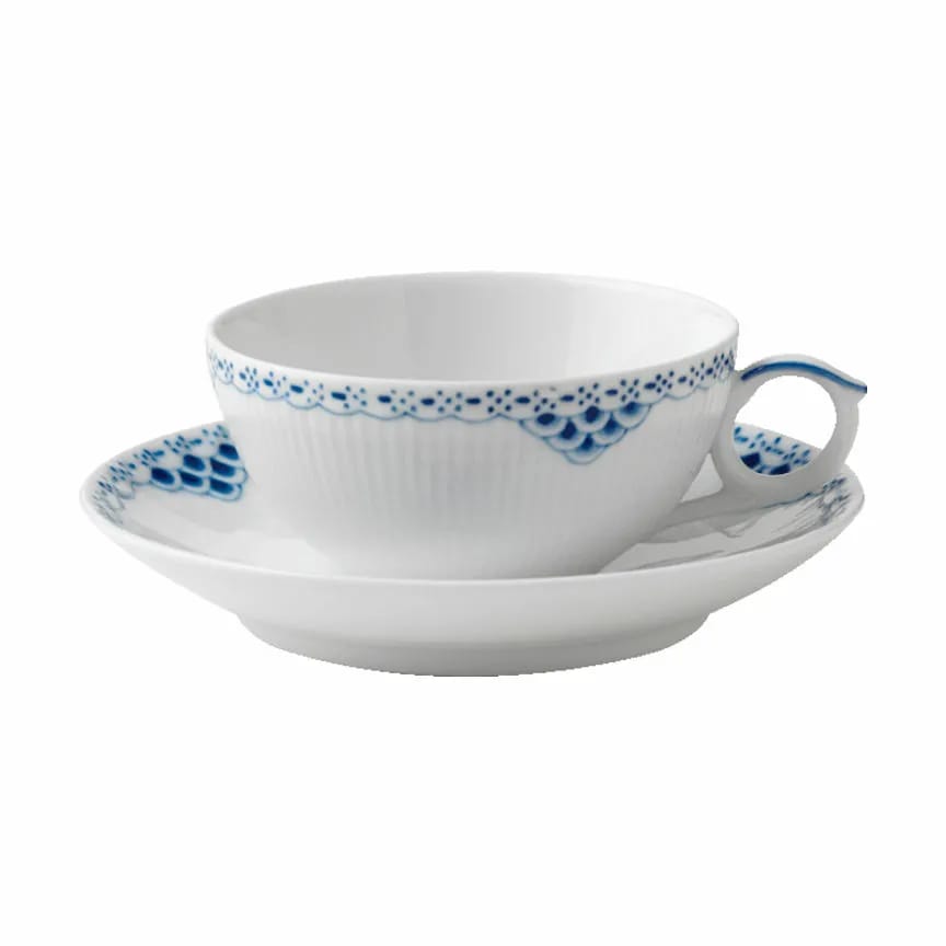 Royal Copenhagen Krus og kopper med hank Prinsesse Kop m. underkop i Koboltblå/hvid, 1