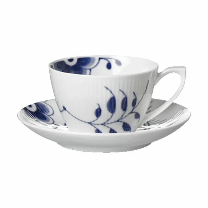 Royal Copenhagen Krus og kopper med hank Blå Mega Riflet Tekop m. underkop i Koboltblå/hvid, 1